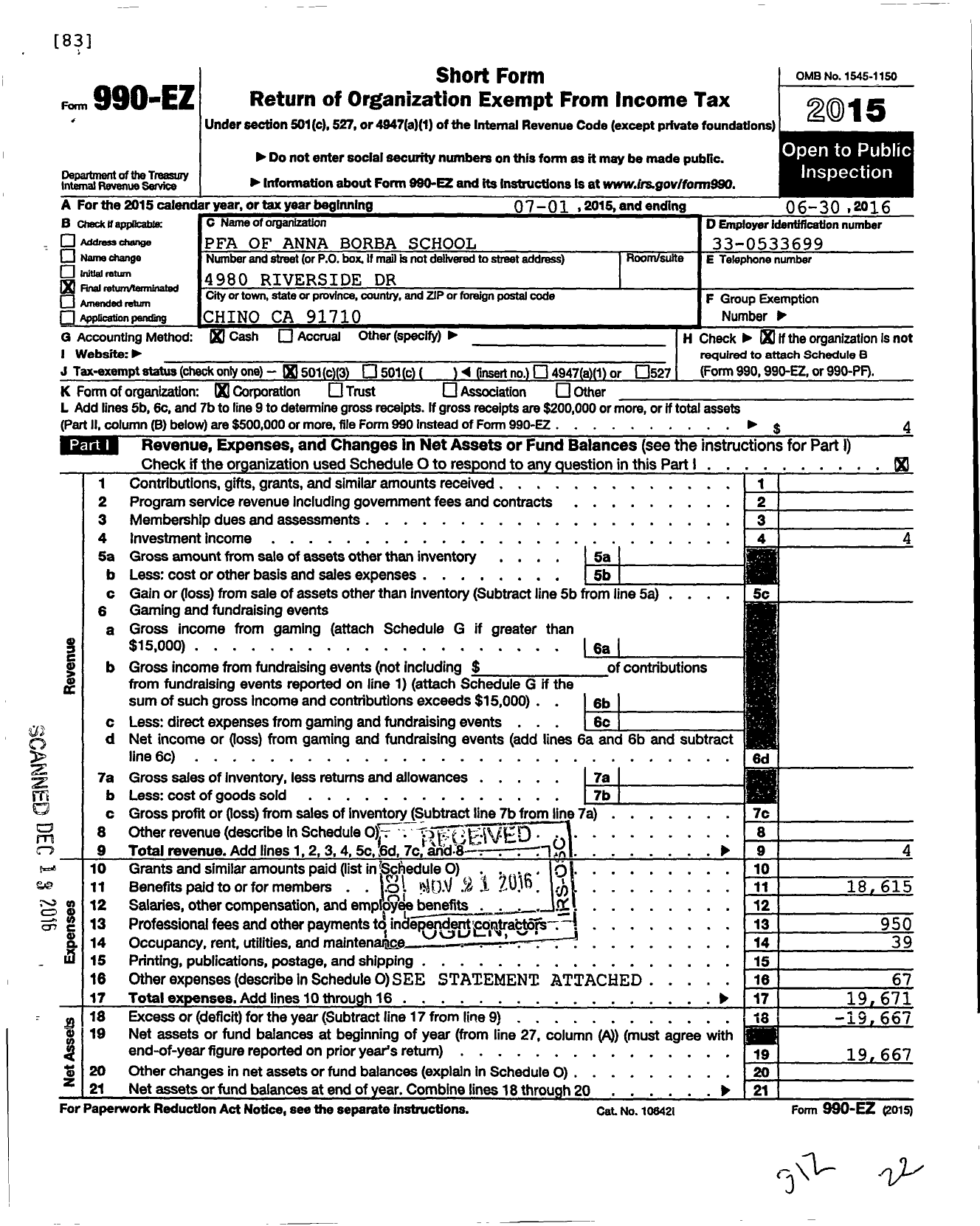 Image of first page of 2015 Form 990EZ for Anna Borba Fundamental Elem School