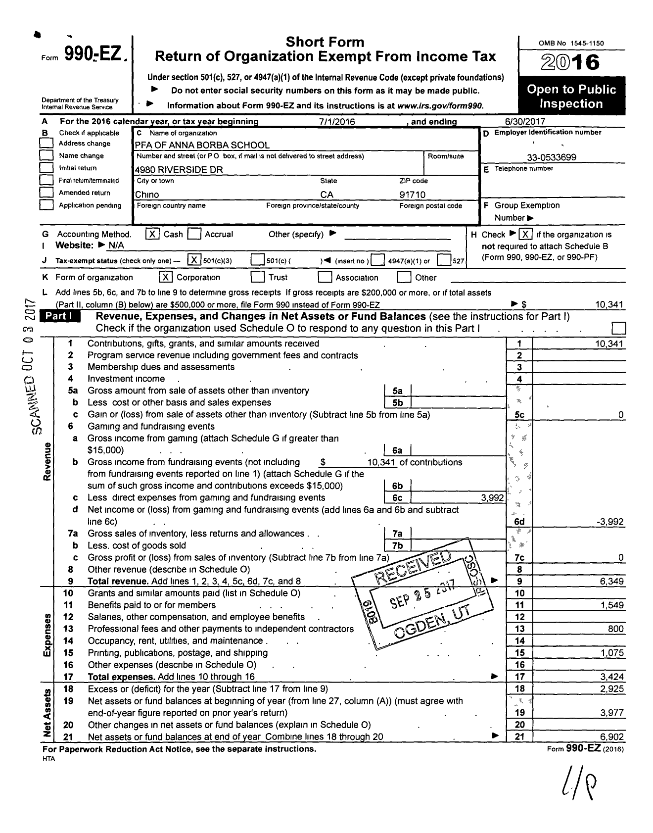 Image of first page of 2016 Form 990EZ for Anna Borba Fundamental Elem School