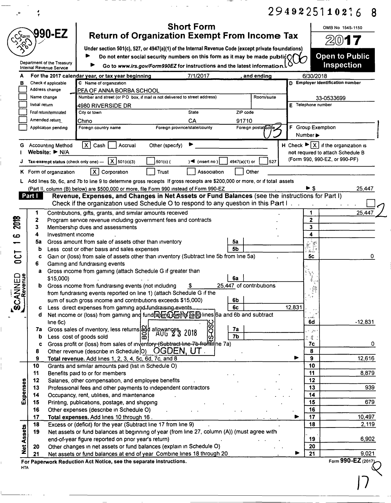 Image of first page of 2017 Form 990EZ for Anna Borba Fundamental Elem School