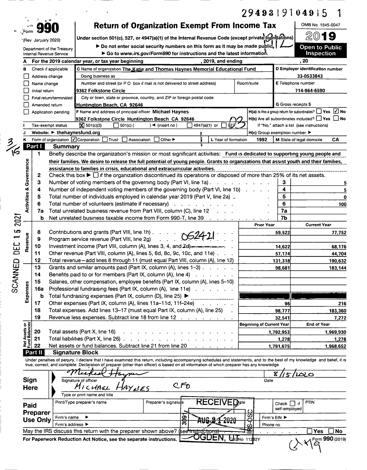 Image of first page of 2019 Form 990 for Katie and Thomas Haynes Memorial Educational Fund