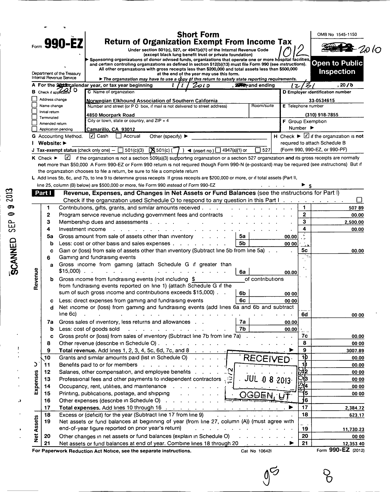 Image of first page of 2010 Form 990EO for Norwegian Elkhound Association of Southern California