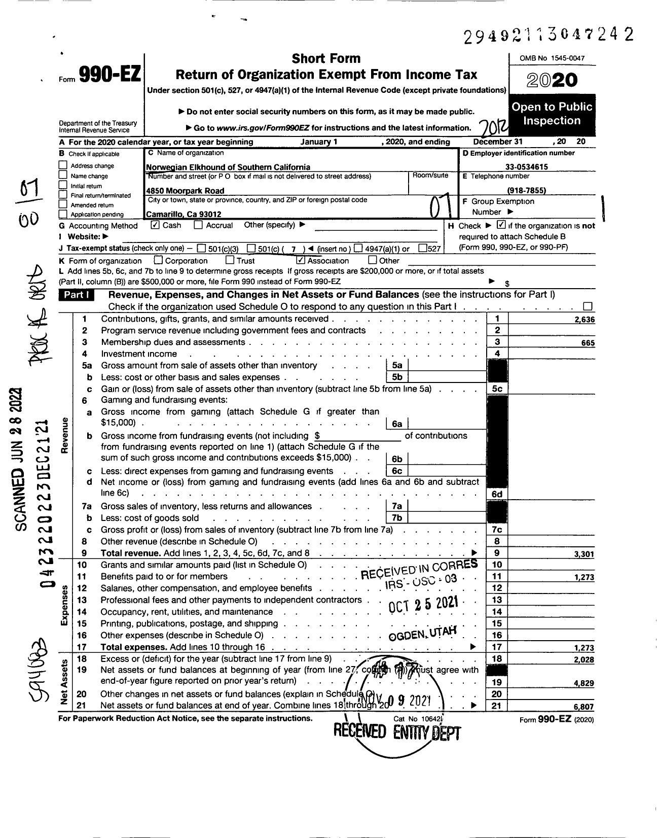 Image of first page of 2020 Form 990EO for Norwegian Elkhound Association of Southern California