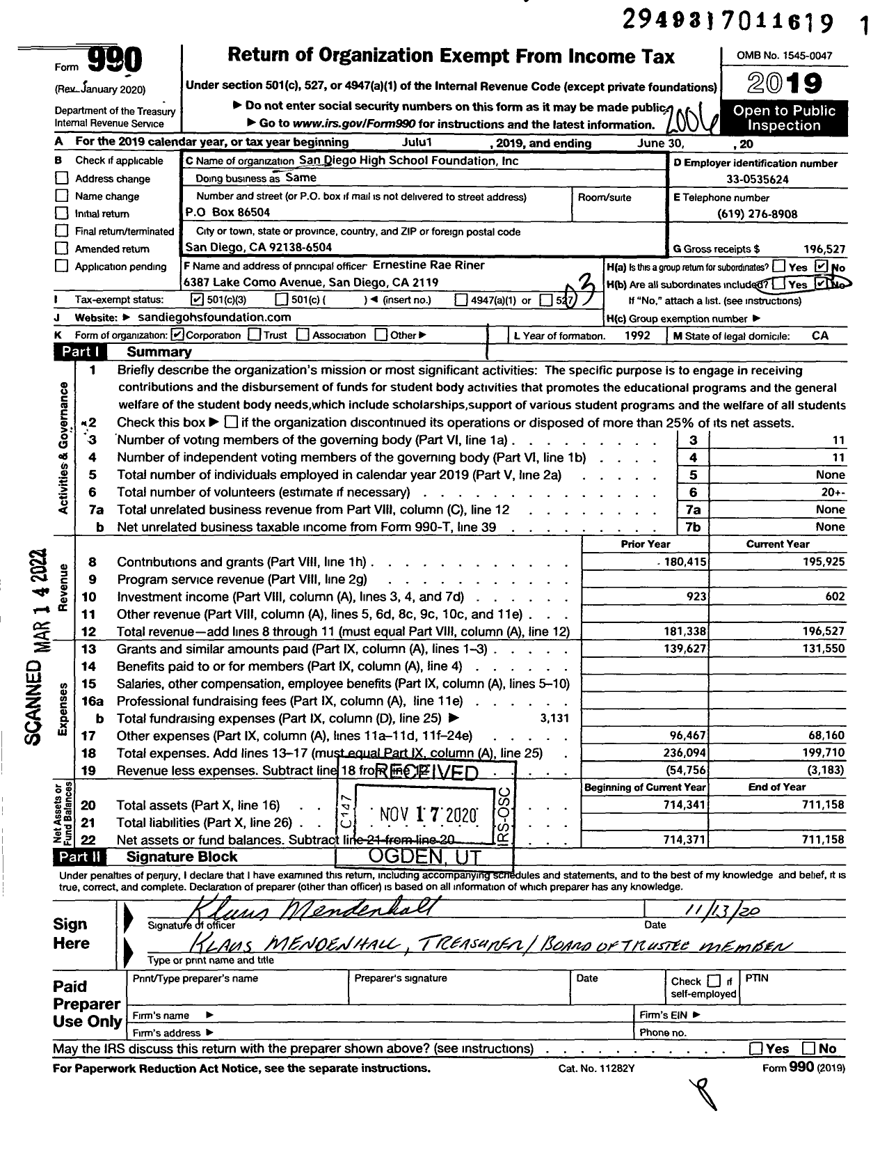 Image of first page of 2019 Form 990 for San Diego High School Foundation