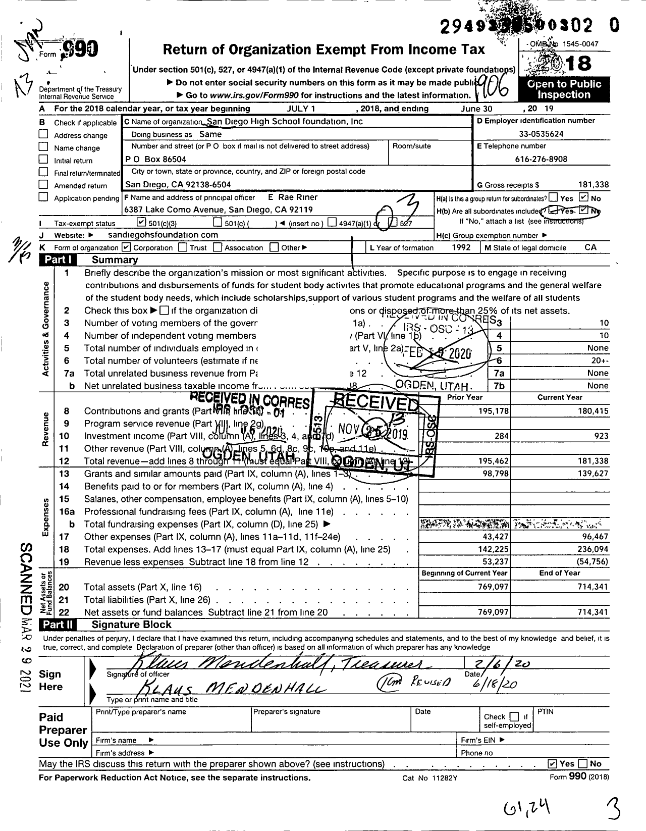 Image of first page of 2018 Form 990 for San Diego High School Foundation