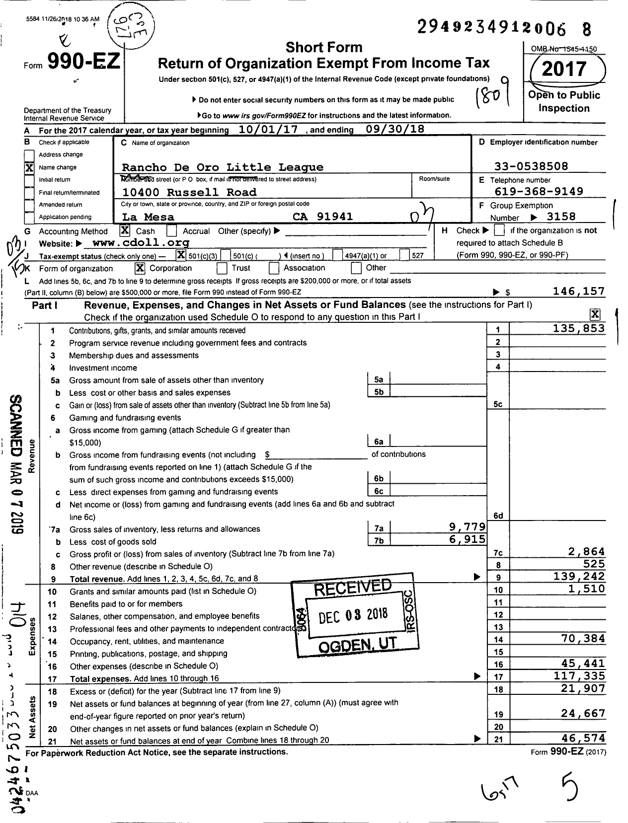 Image of first page of 2017 Form 990EZ for Little League Baseball - 4054108 Rancho de Oro LL