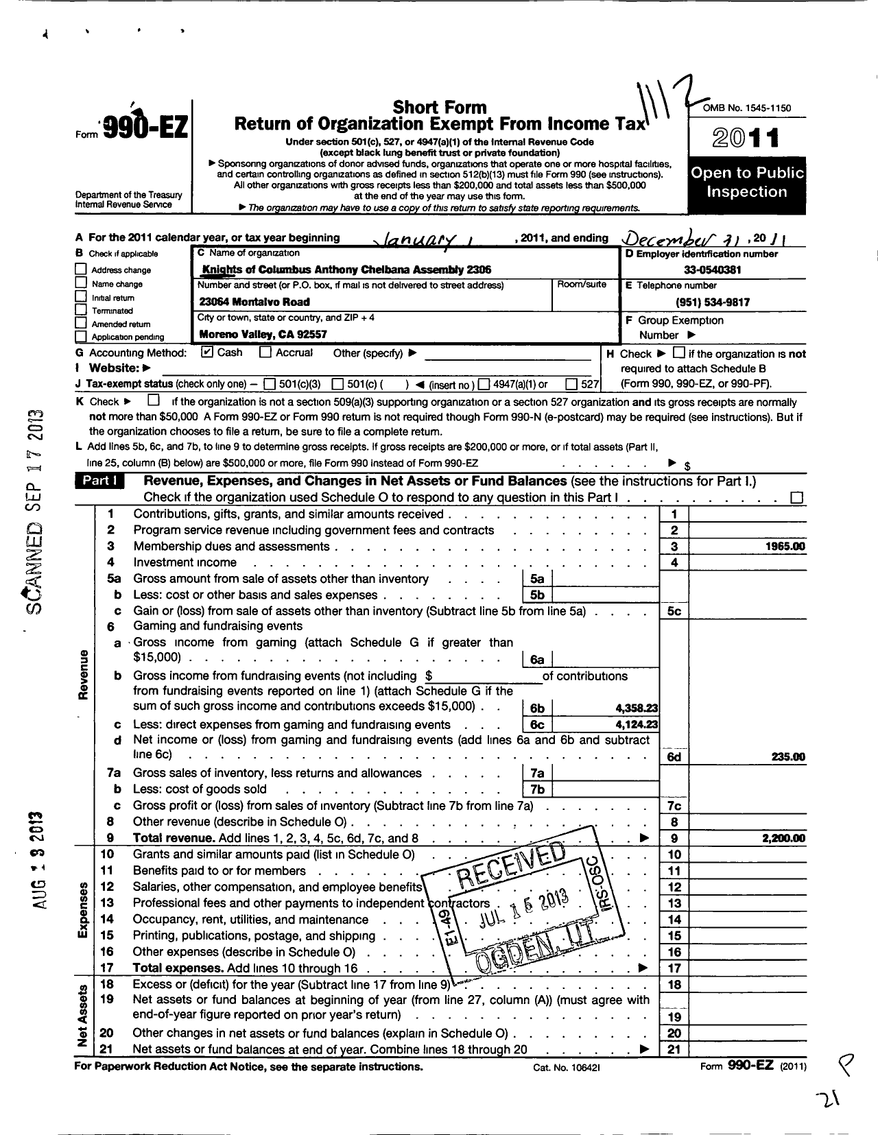 Image of first page of 2011 Form 990EO for Knights of Columbus - 2306 Anthony Francis Chelbana Assy