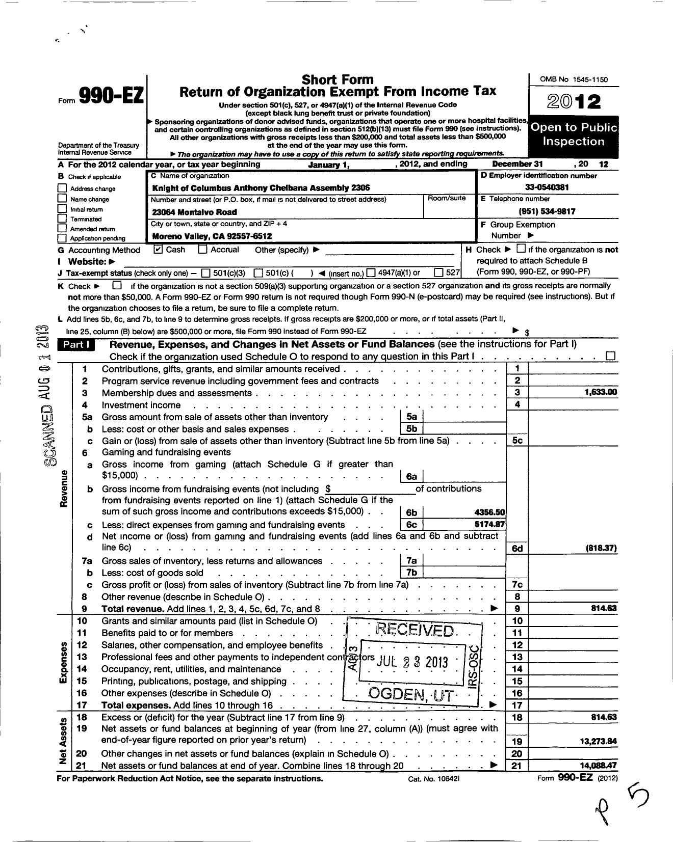 Image of first page of 2012 Form 990EO for Knights of Columbus - 2306 Anthony Francis Chelbana Assy