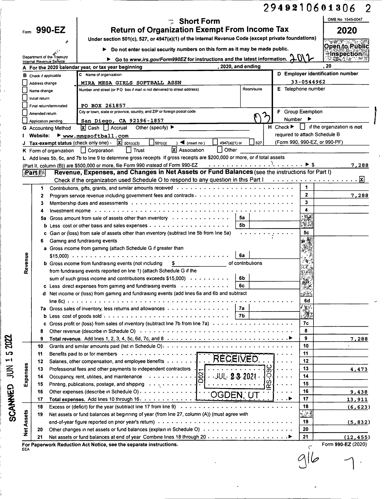 Image of first page of 2020 Form 990EZ for Mira Mesa Girls Softball Association