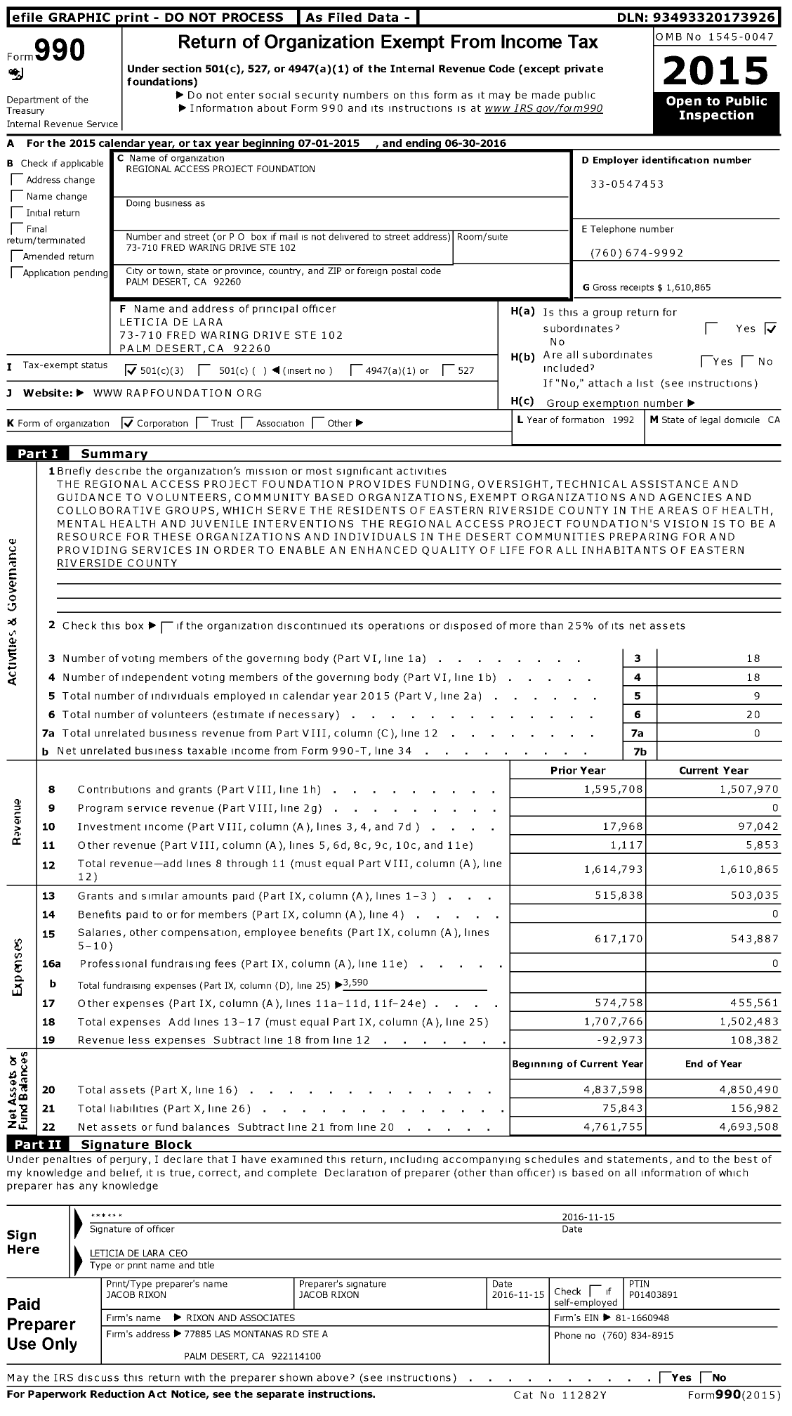 Image of first page of 2015 Form 990 for Regional Access Project Foundation