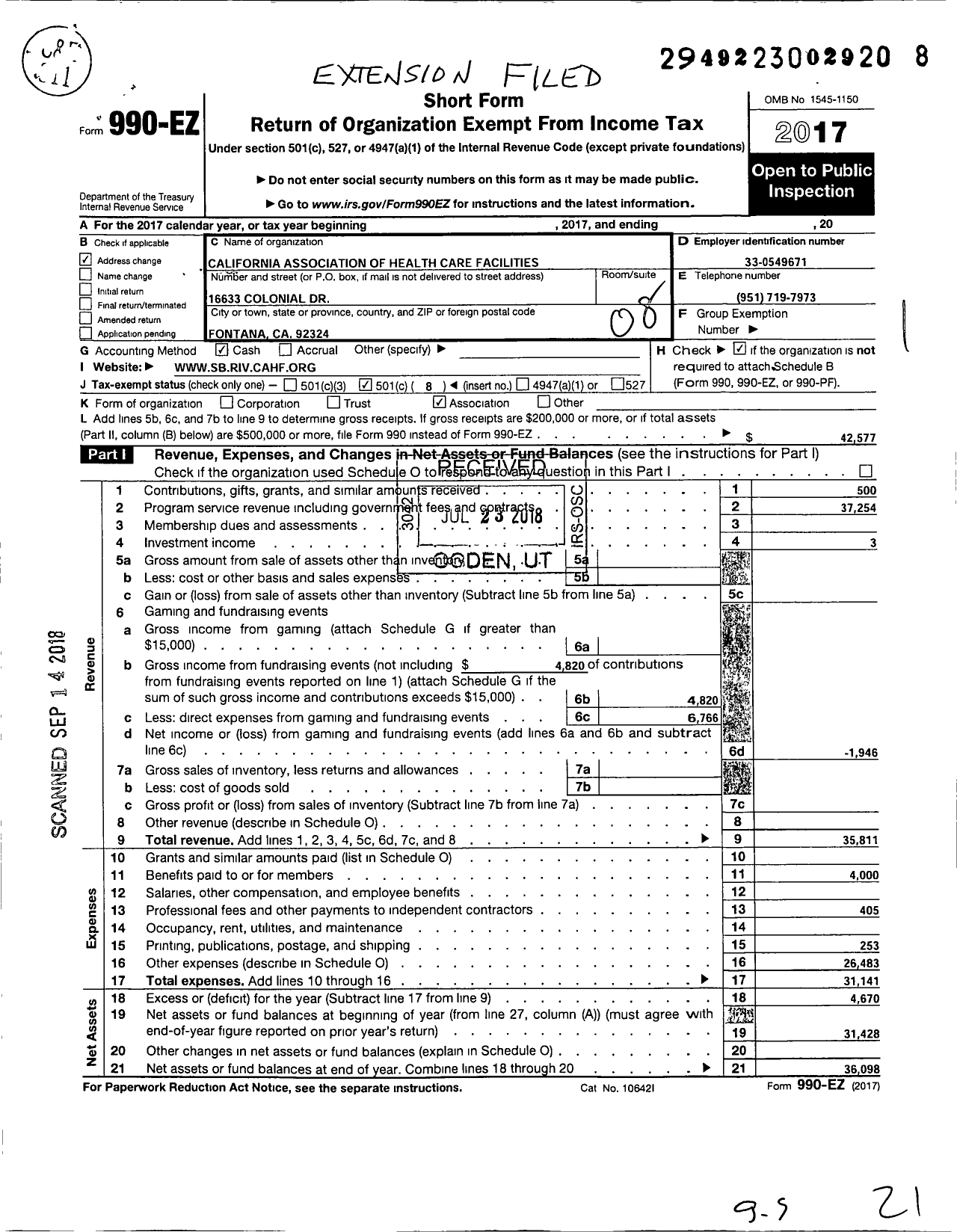 Image of first page of 2017 Form 990EO for The San Bernardino-Riverside CHPTR of the California Association of HLTH Facilities