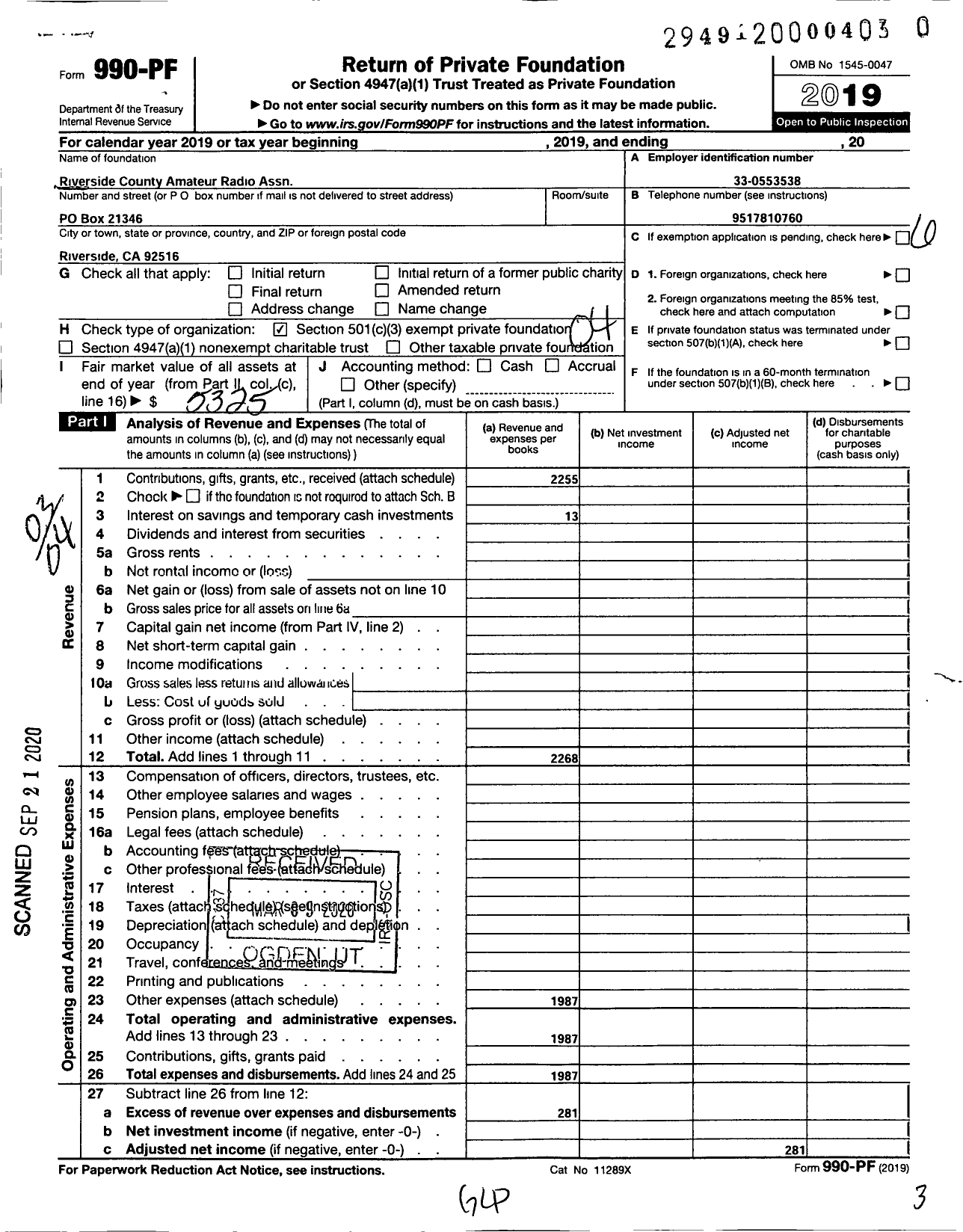 Image of first page of 2019 Form 990PR for Riverside County Amateur Radio Association