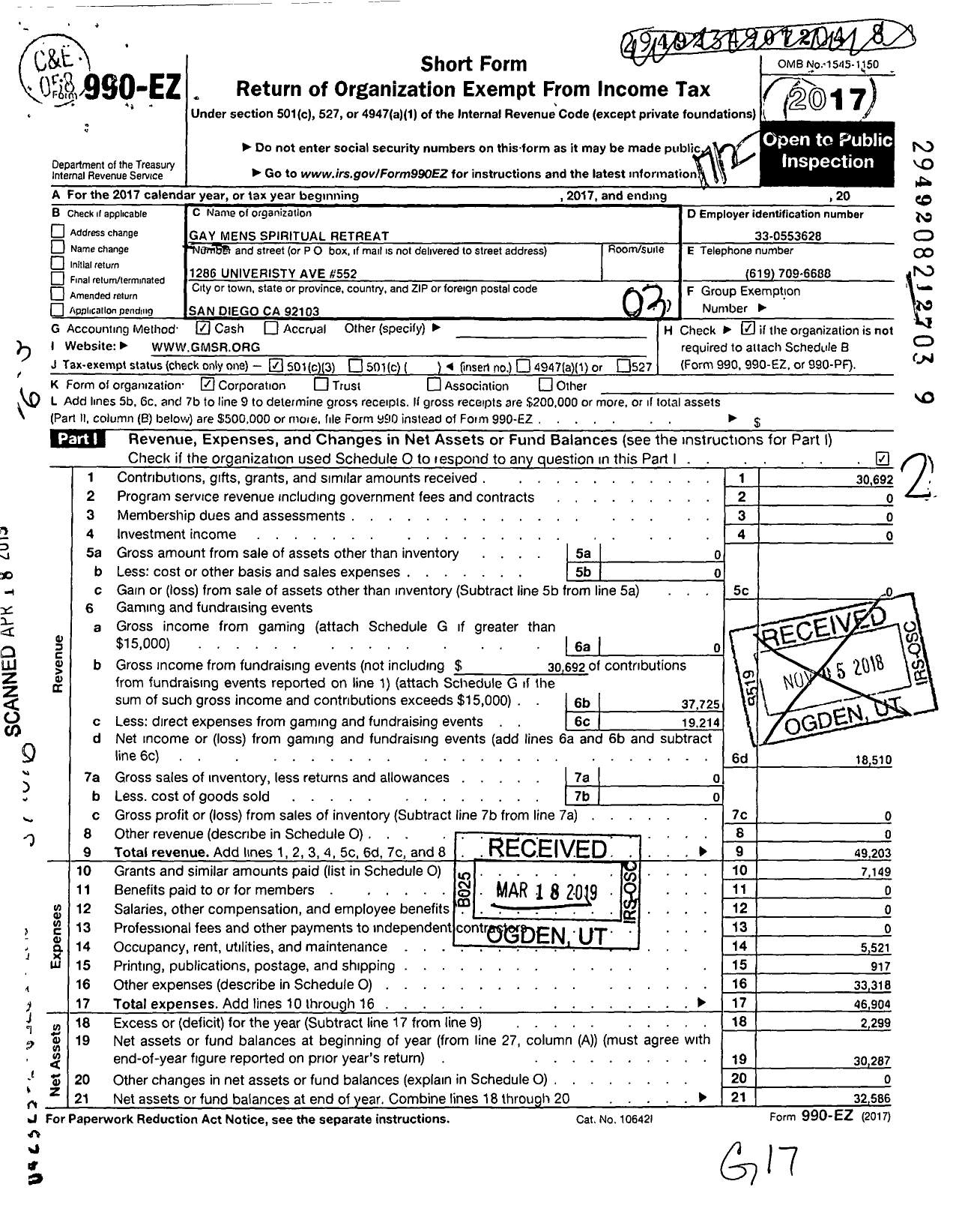 Image of first page of 2017 Form 990EZ for Gay Mens Spiritual Retreat