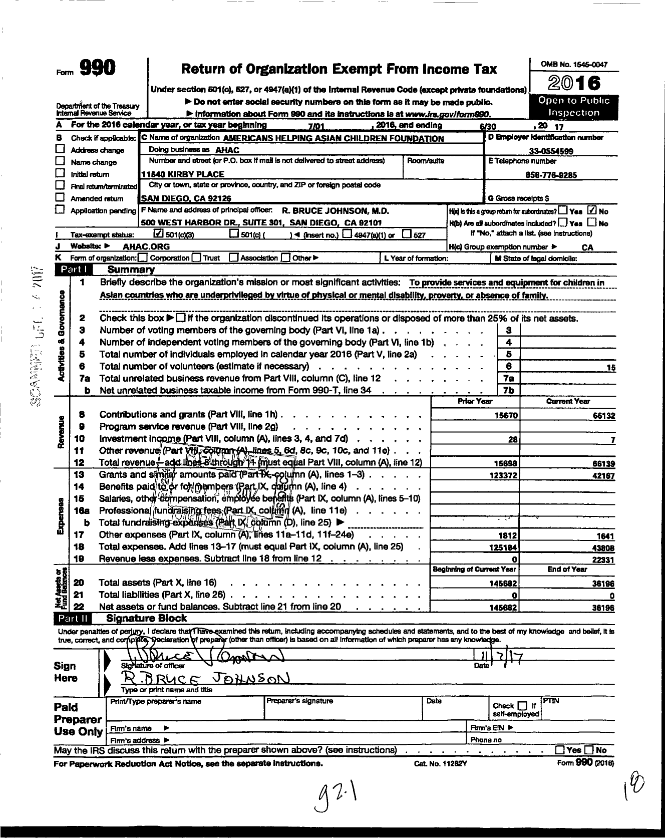 Image of first page of 2016 Form 990 for Americans Helping Asian Children Foundation (AHAC)