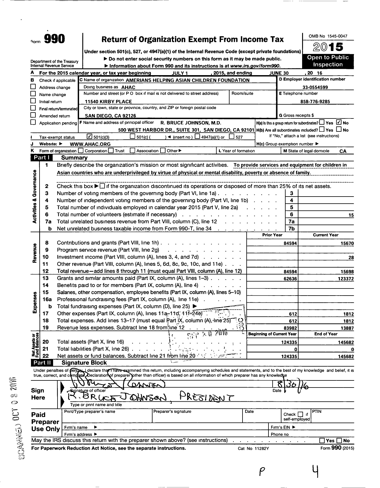 Image of first page of 2015 Form 990 for Americans Helping Asian Children Foundation (AHAC)