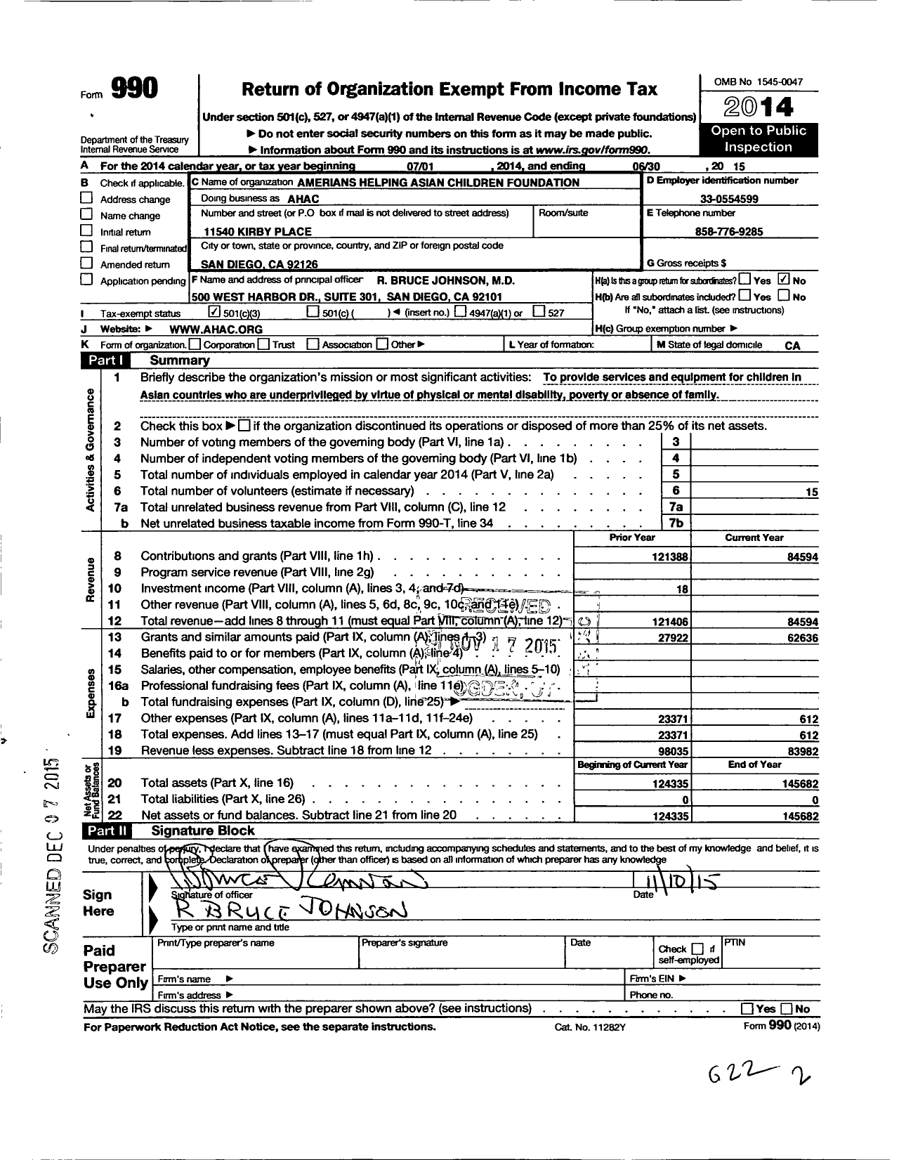 Image of first page of 2014 Form 990 for Americans Helping Asian Children Foundation (AHAC)