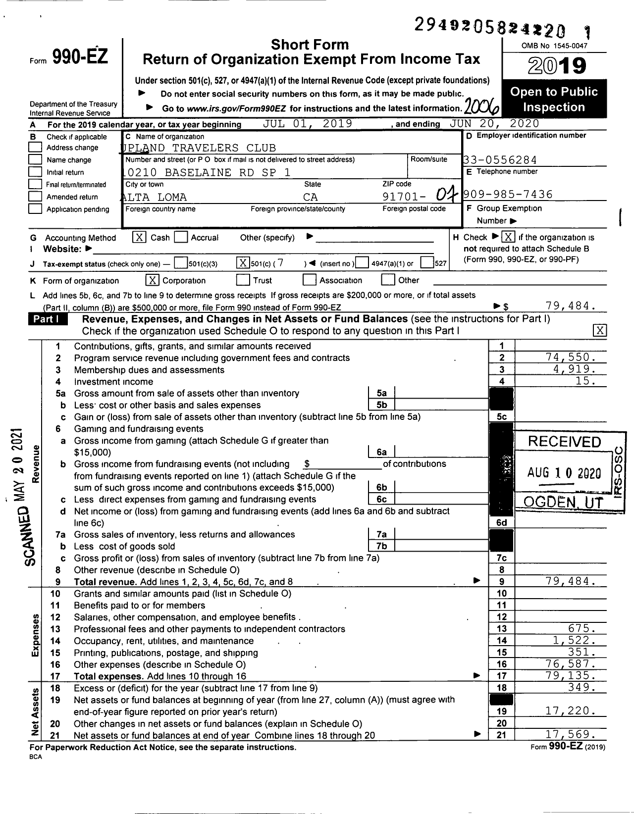 Image of first page of 2019 Form 990EO for Upland Travelers Club