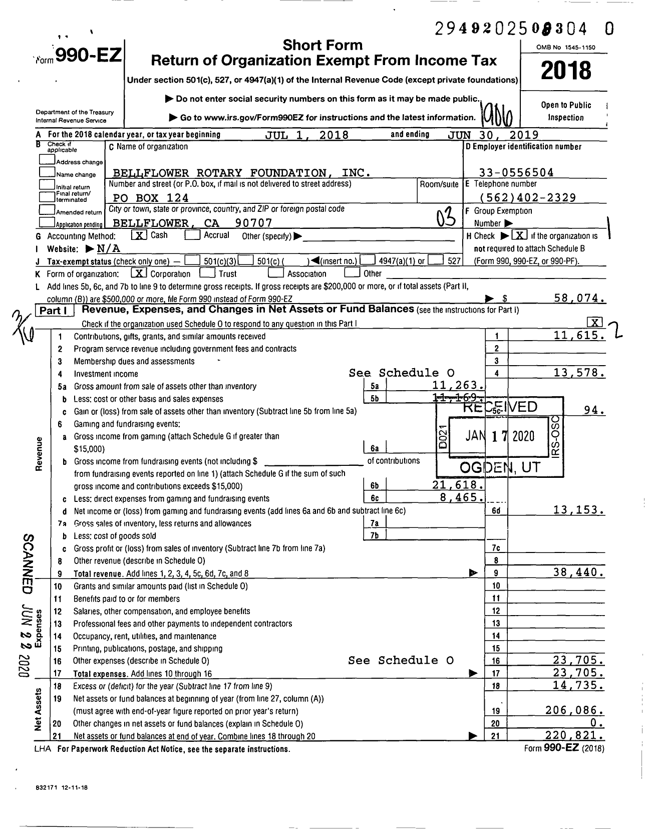 Image of first page of 2018 Form 990EZ for Bellflower Rotary Foundation