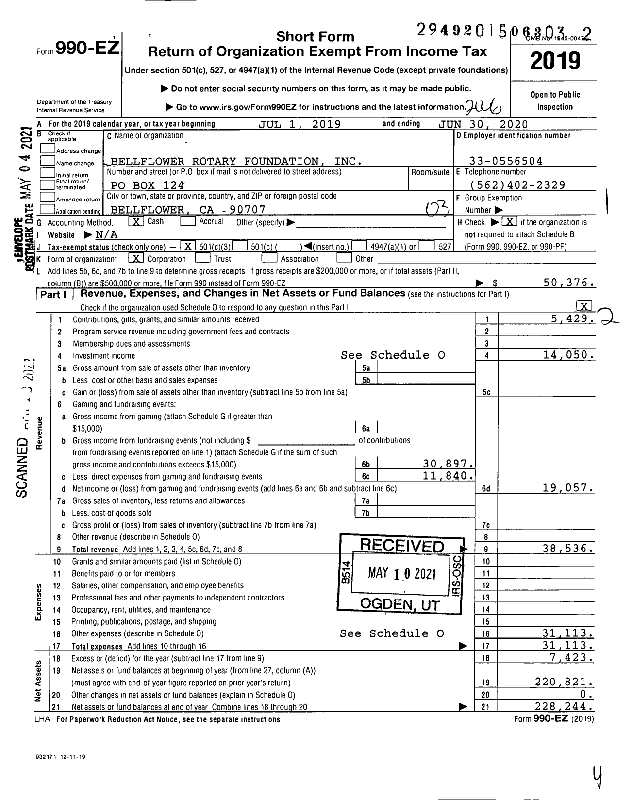 Image of first page of 2019 Form 990EZ for Bellflower Rotary Foundation