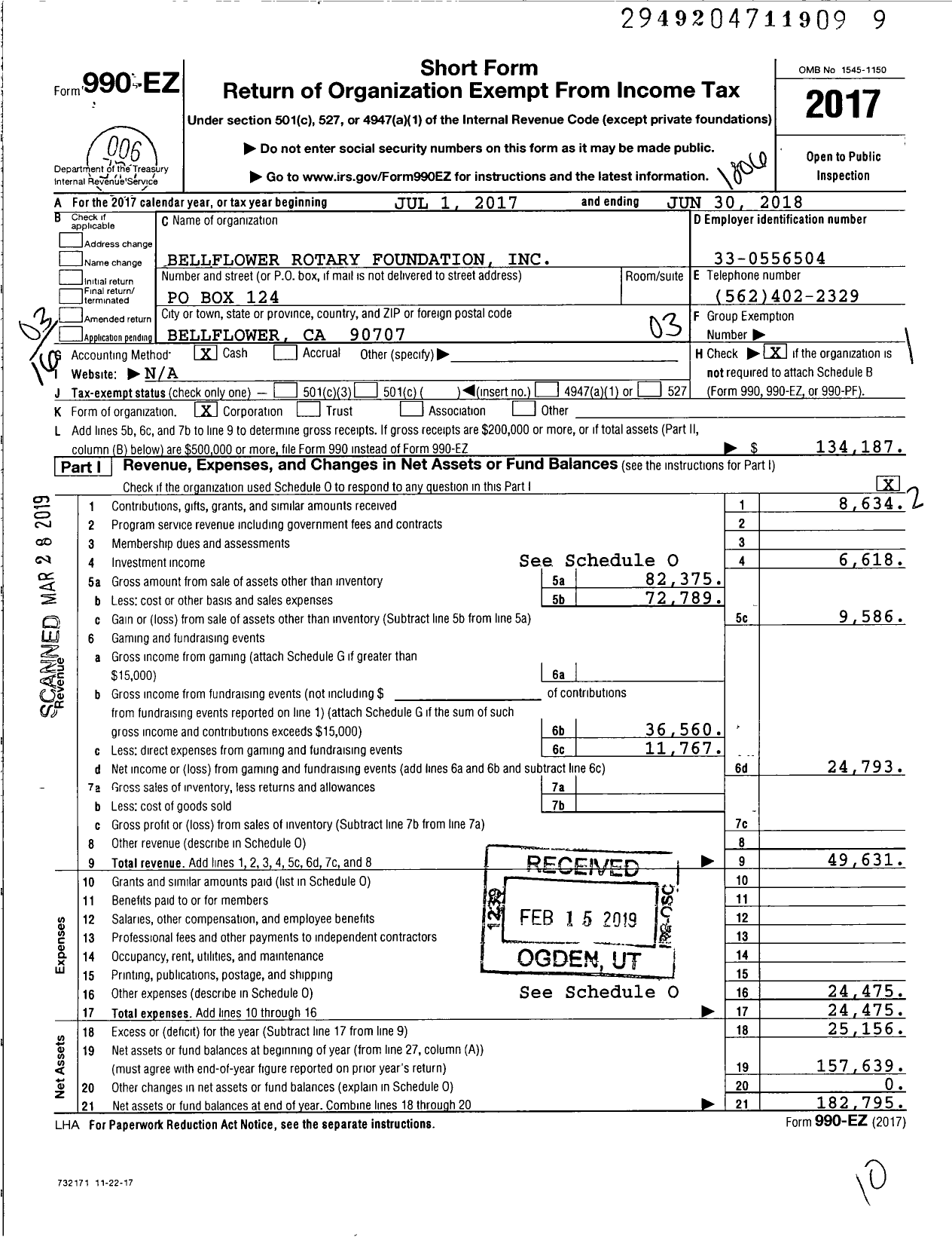 Image of first page of 2017 Form 990EZ for Bellflower Rotary Foundation