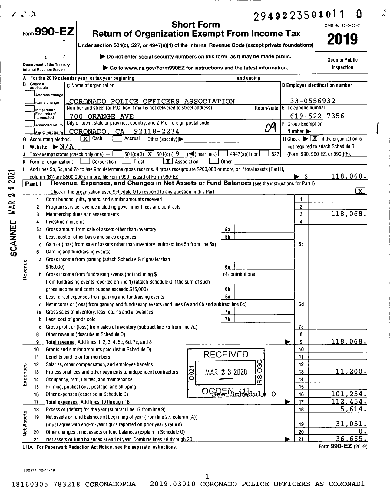 Image of first page of 2019 Form 990EO for Coronado Police Officers Association