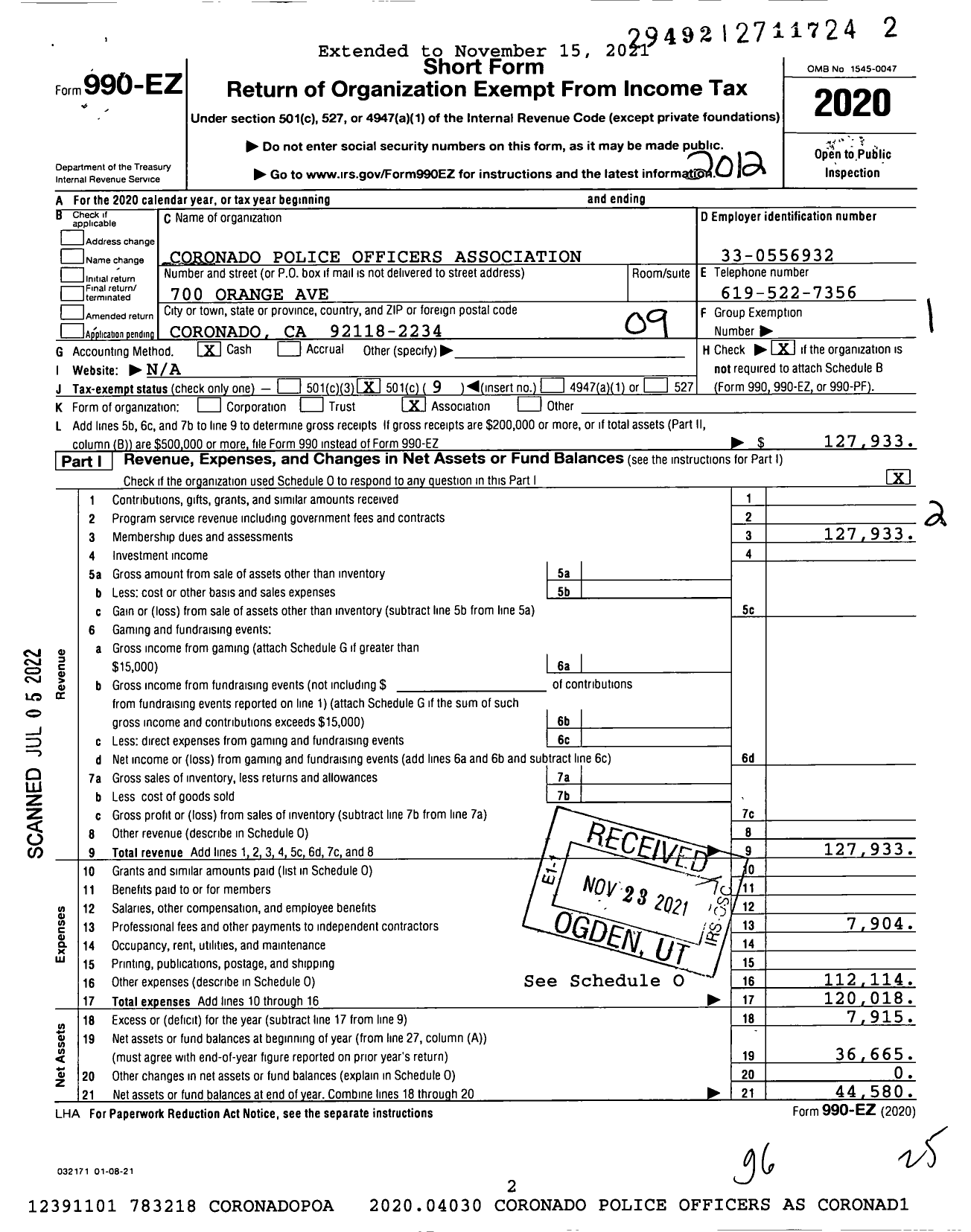 Image of first page of 2020 Form 990EO for Coronado Police Officers Association