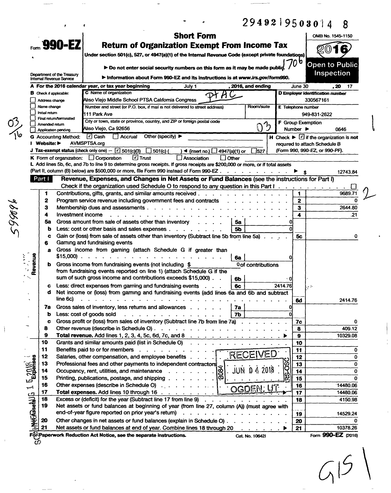 Image of first page of 2016 Form 990EZ for California State PTA - Aliso Viejo Middle PTSA