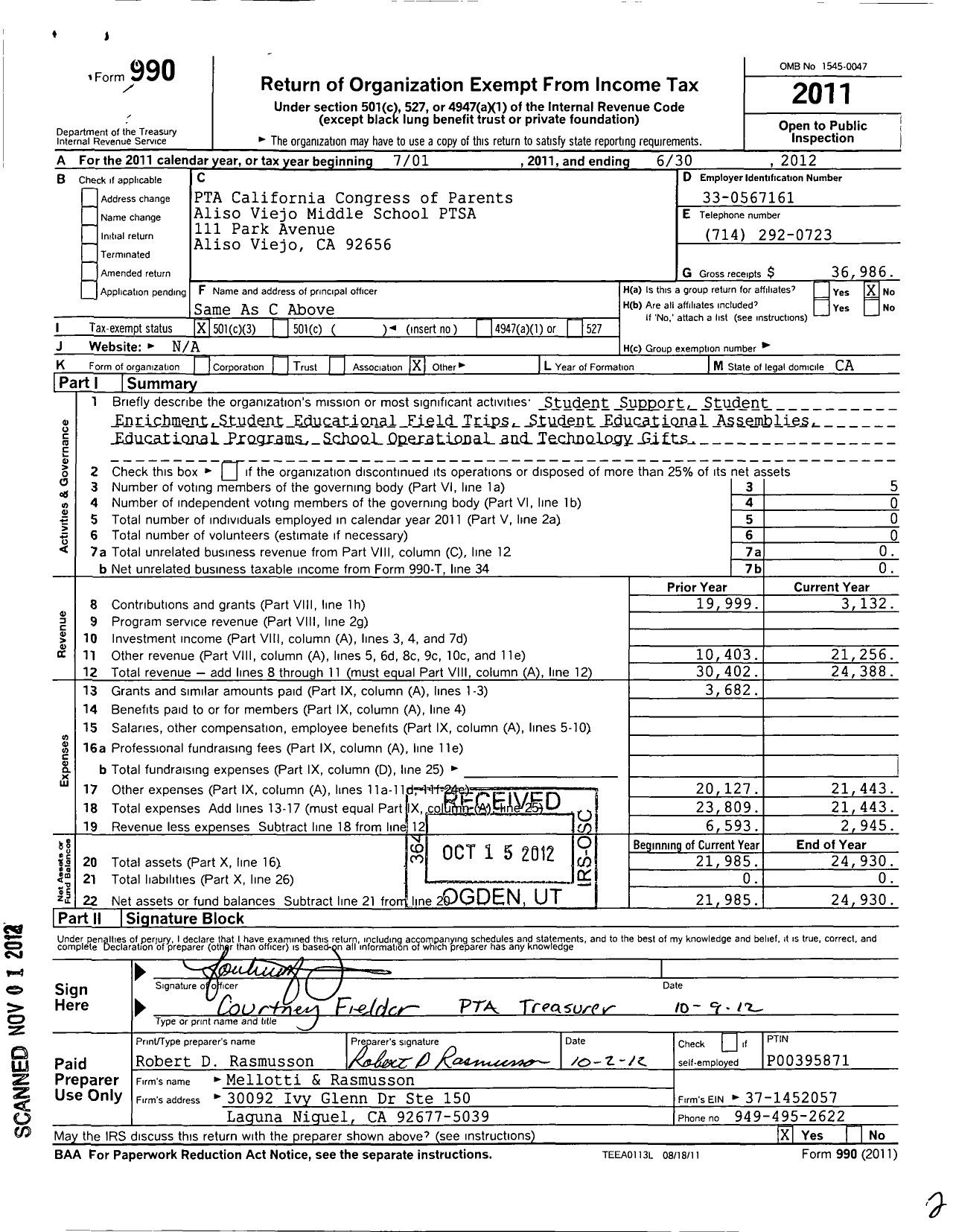 Image of first page of 2011 Form 990 for California State PTA - Aliso Viejo Middle PTSA