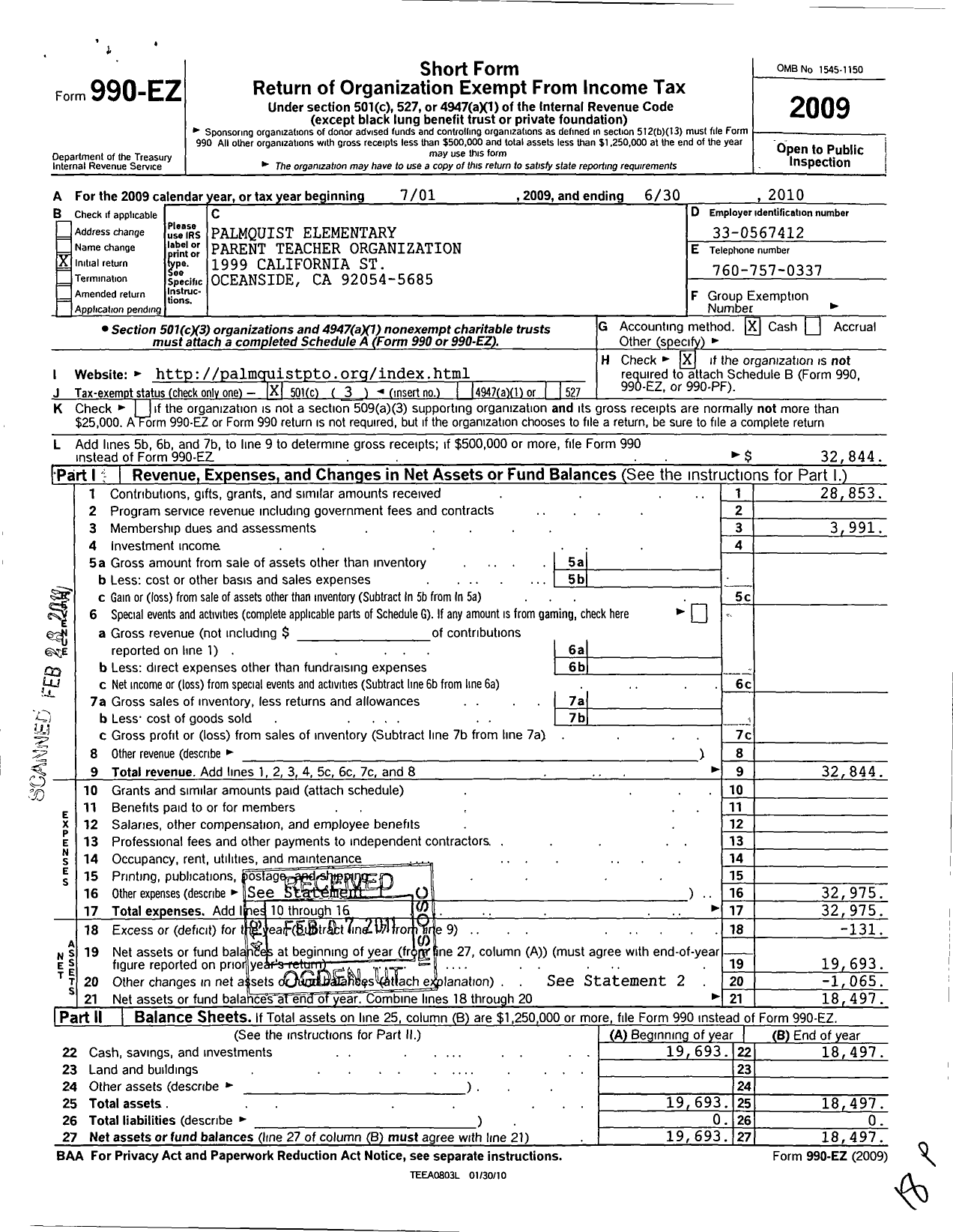 Image of first page of 2009 Form 990EZ for Palmquist Elementary School Pto