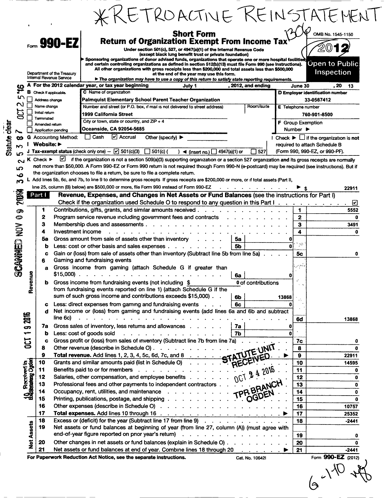 Image of first page of 2012 Form 990EZ for Palmquist Elementary School Pto