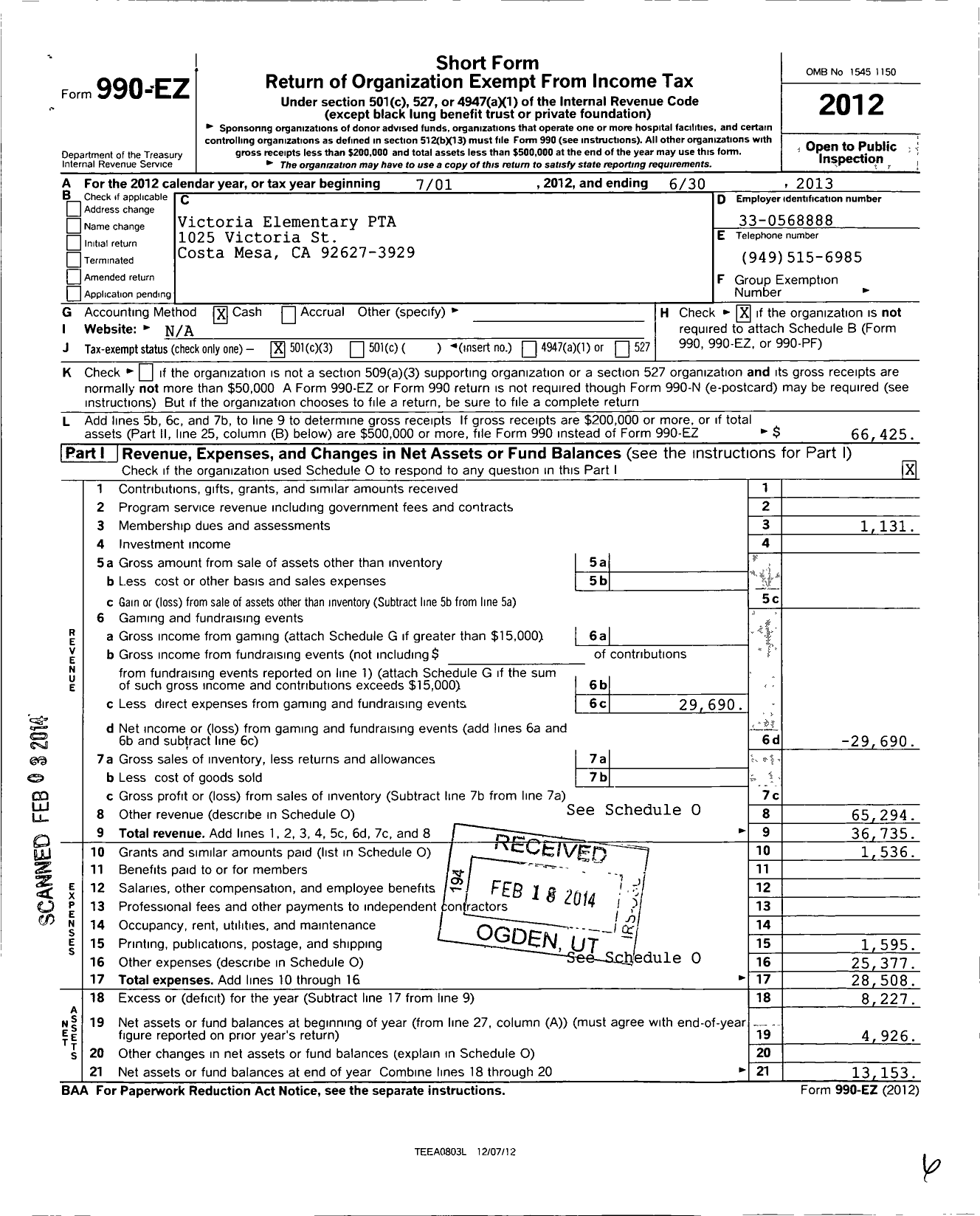 Image of first page of 2012 Form 990EZ for California State PTA - Victoria Elementary PTA