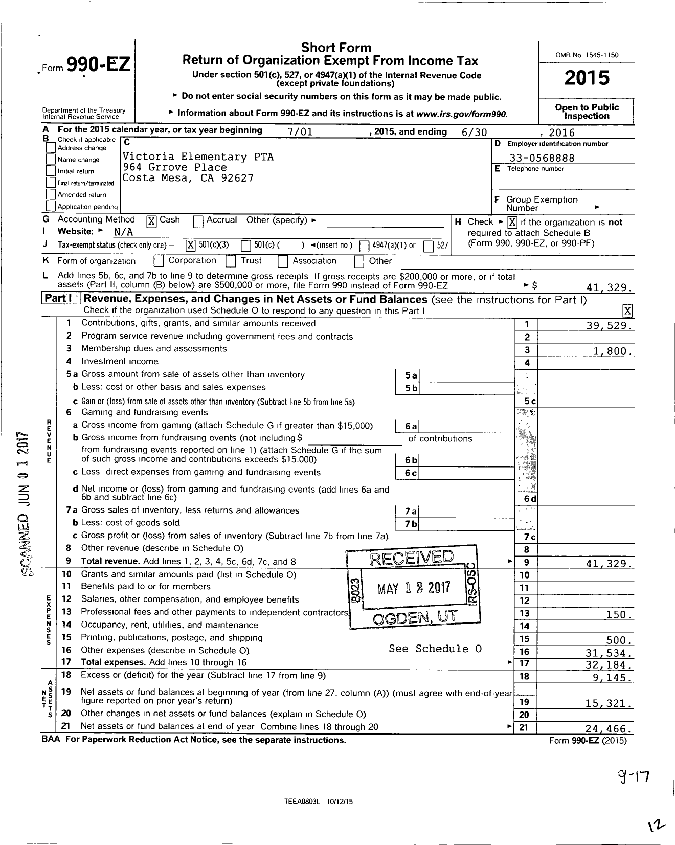 Image of first page of 2015 Form 990EZ for California State PTA - Victoria Elementary PTA