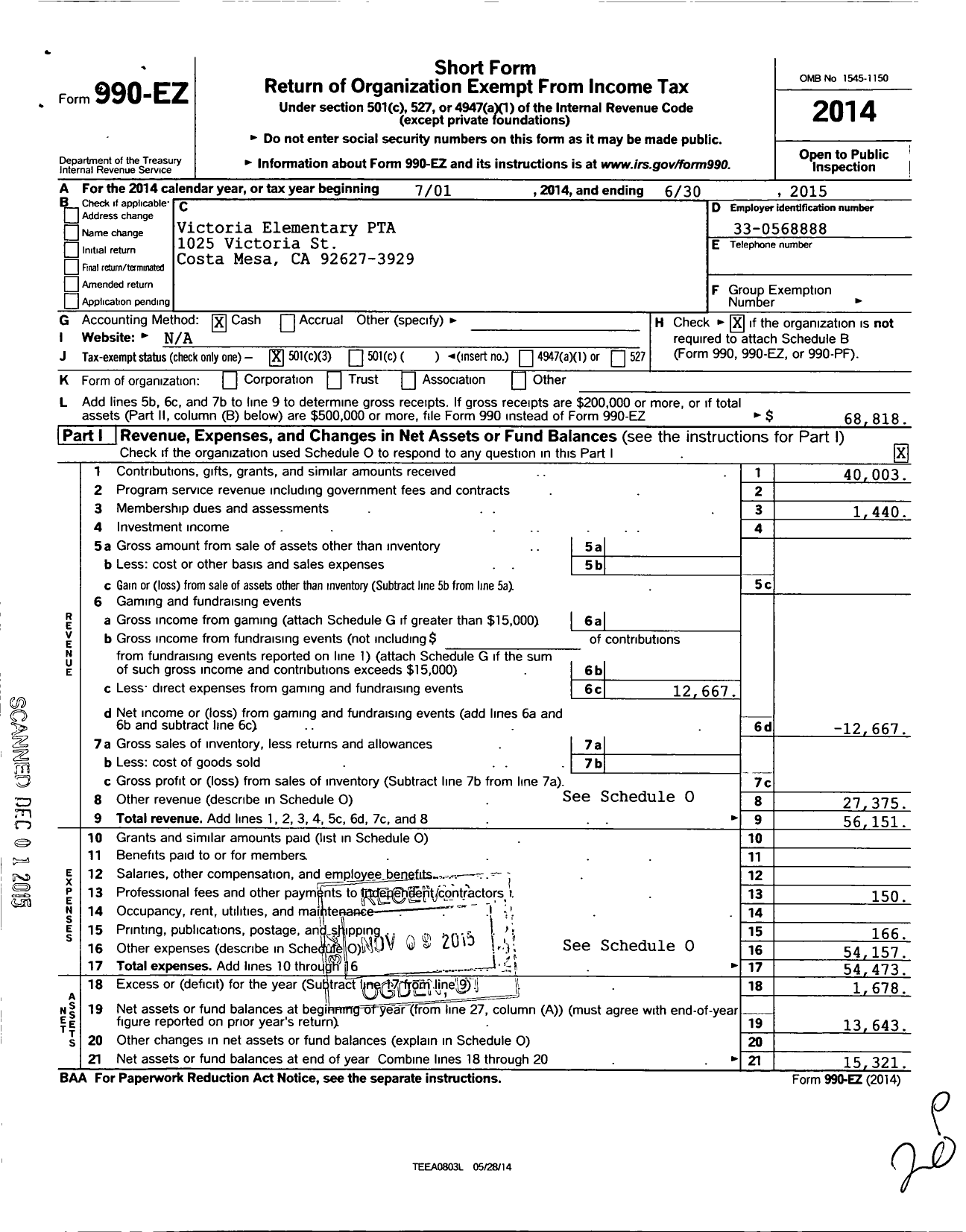 Image of first page of 2014 Form 990EZ for California State PTA - Victoria Elementary PTA