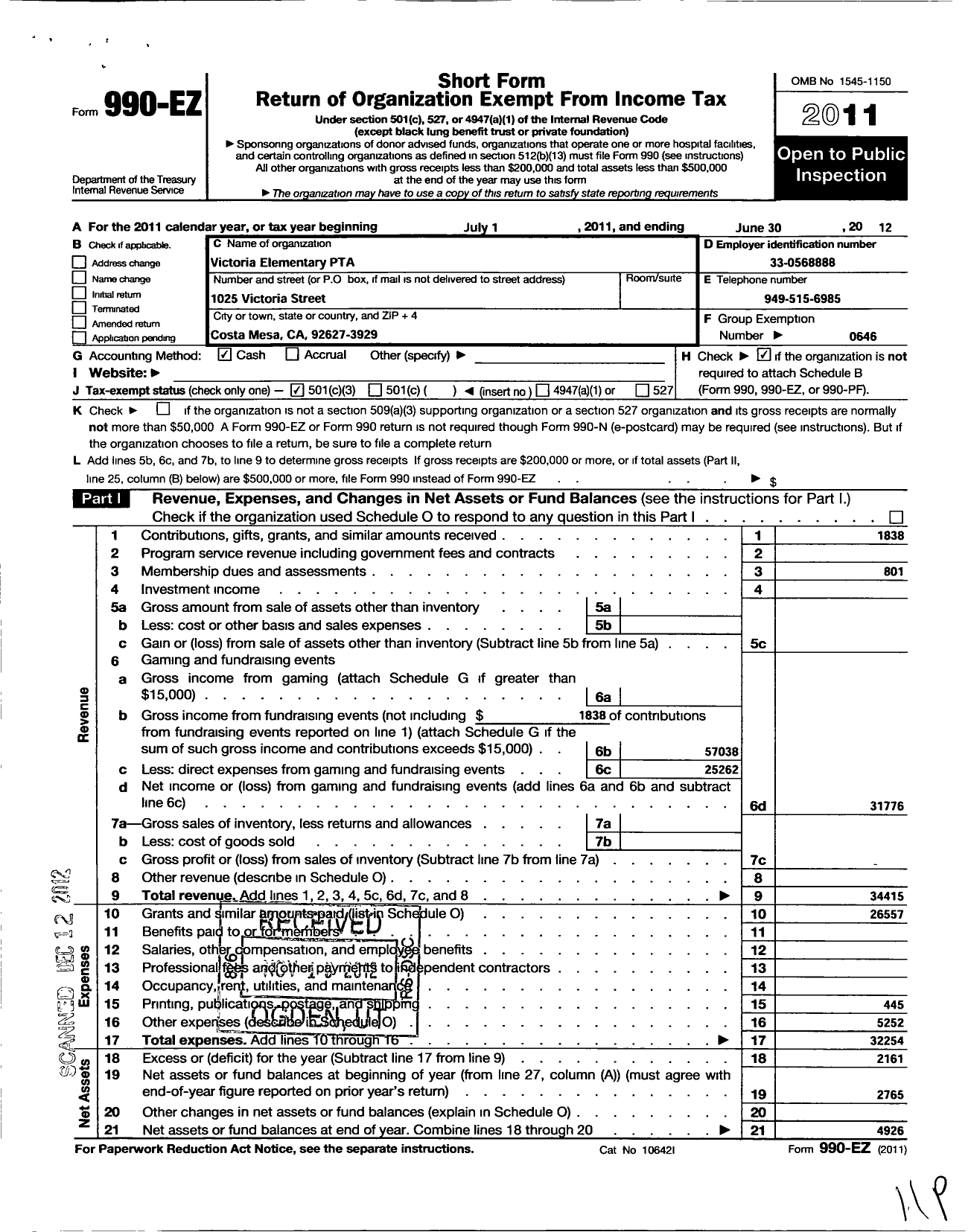 Image of first page of 2011 Form 990EZ for California State PTA - Victoria Elementary PTA