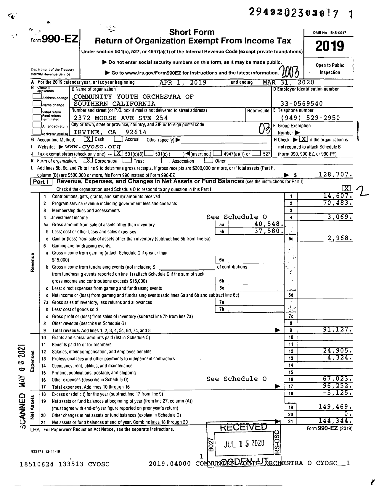 Image of first page of 2019 Form 990EZ for Community Youth Orchestra of Southern California