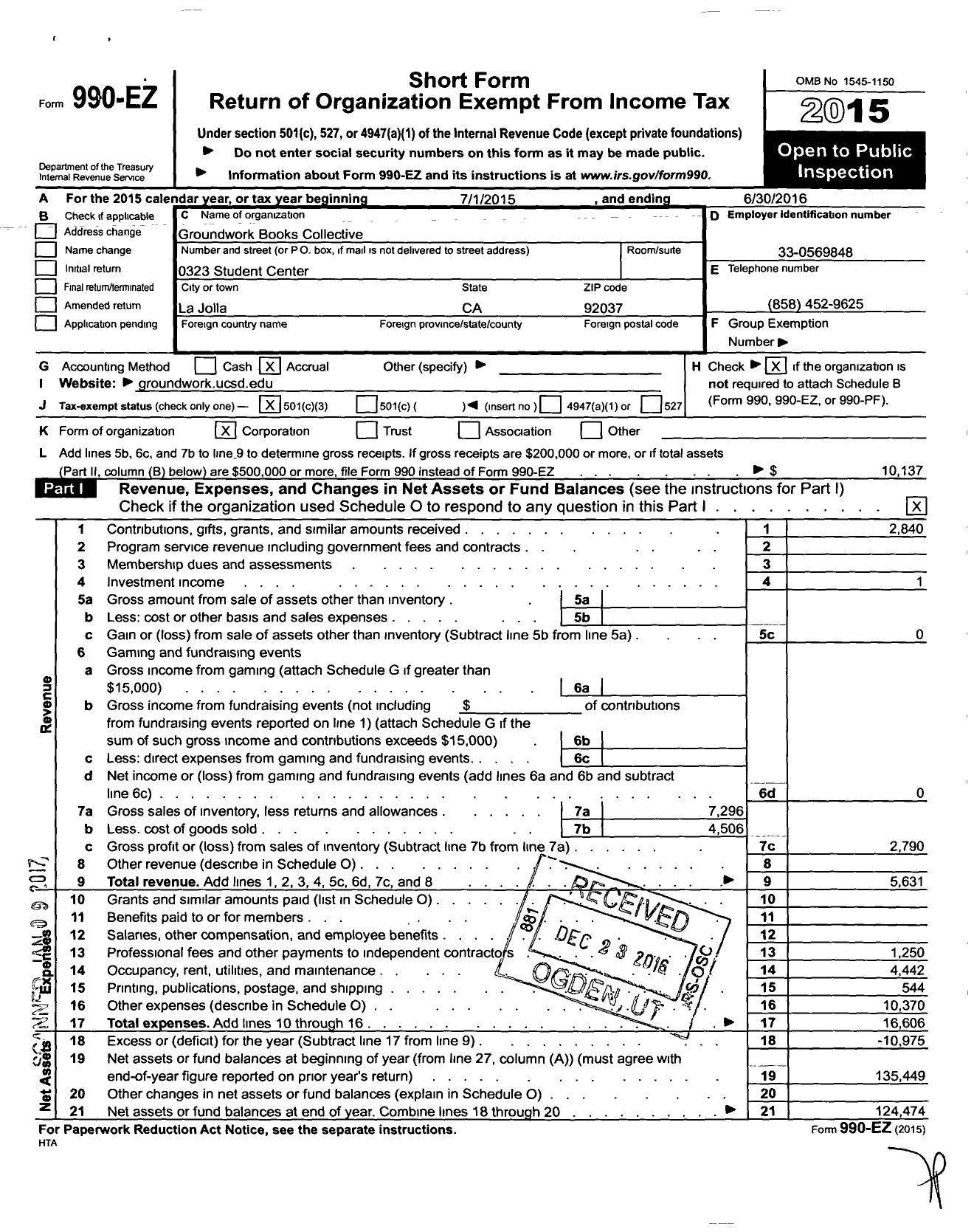 Image of first page of 2015 Form 990EZ for Groundwork Books Collective