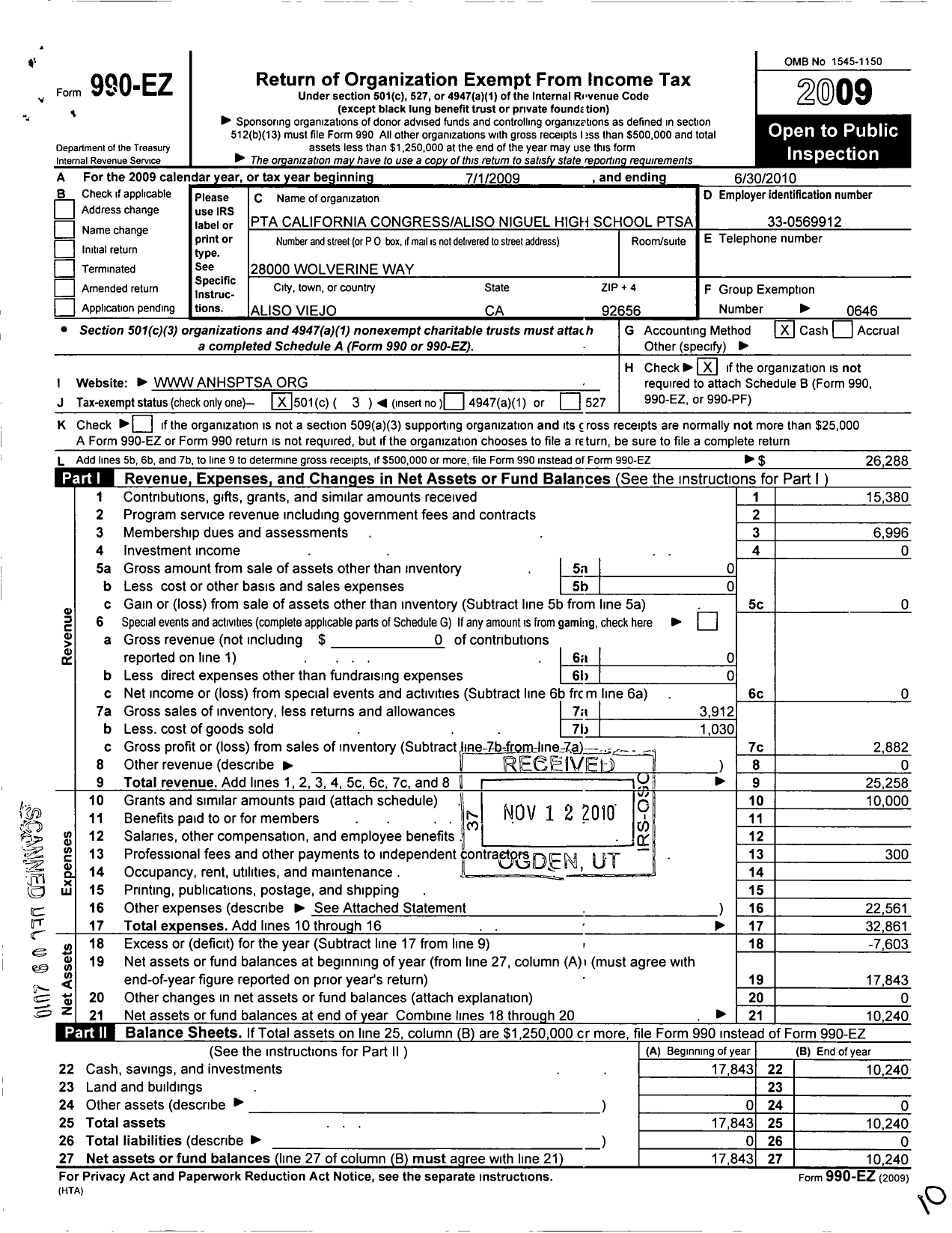 Image of first page of 2009 Form 990EZ for California State PTA - 4914 Aliso Niguel High Ptsa