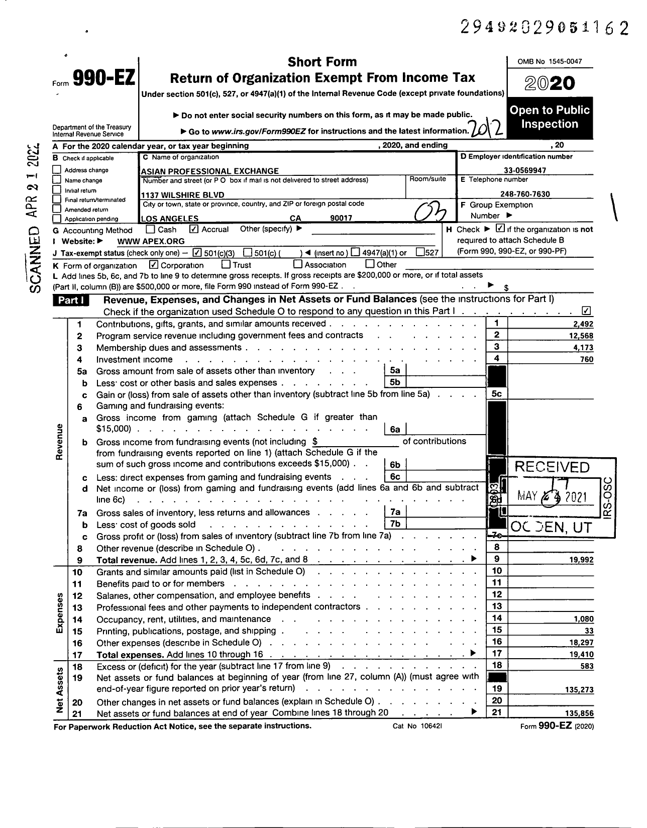 Image of first page of 2020 Form 990EZ for Asian Professional Exchange