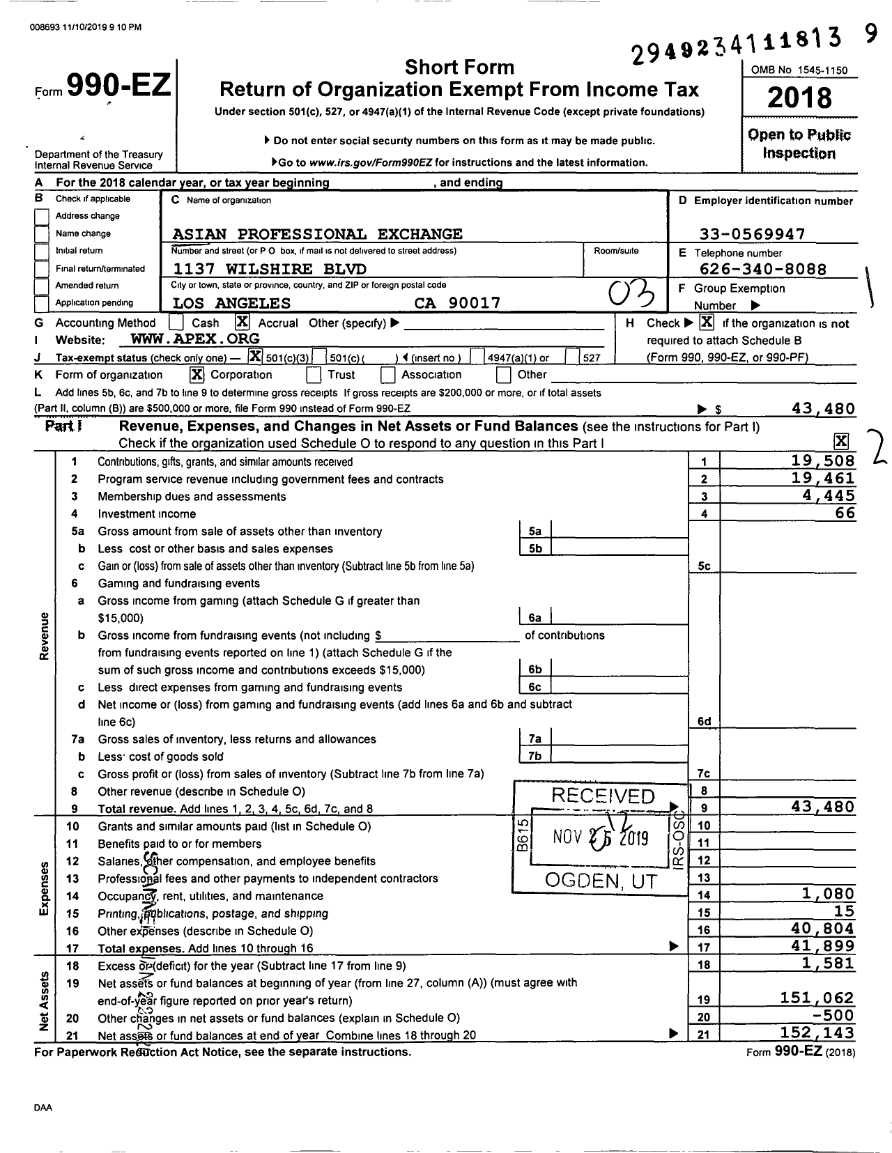 Image of first page of 2018 Form 990EZ for Asian Professional Exchange