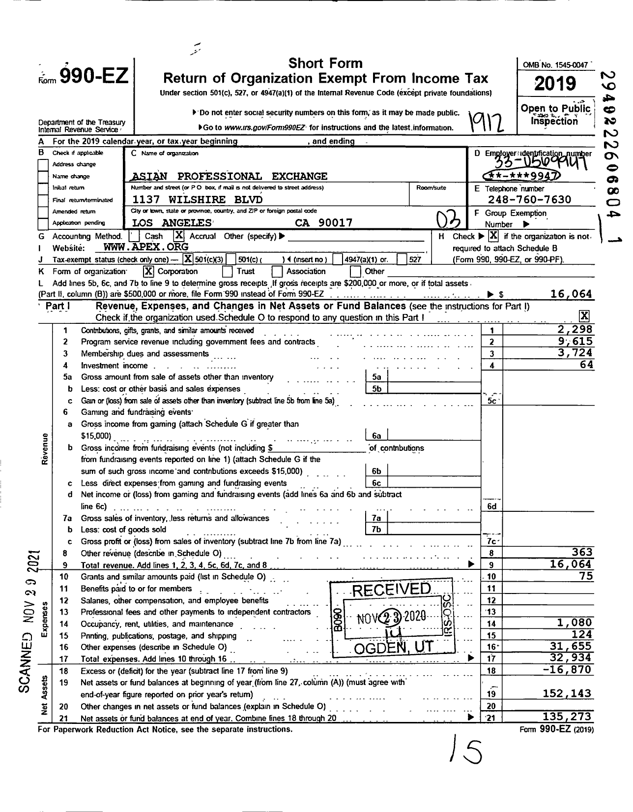 Image of first page of 2019 Form 990EZ for Asian Professional Exchange