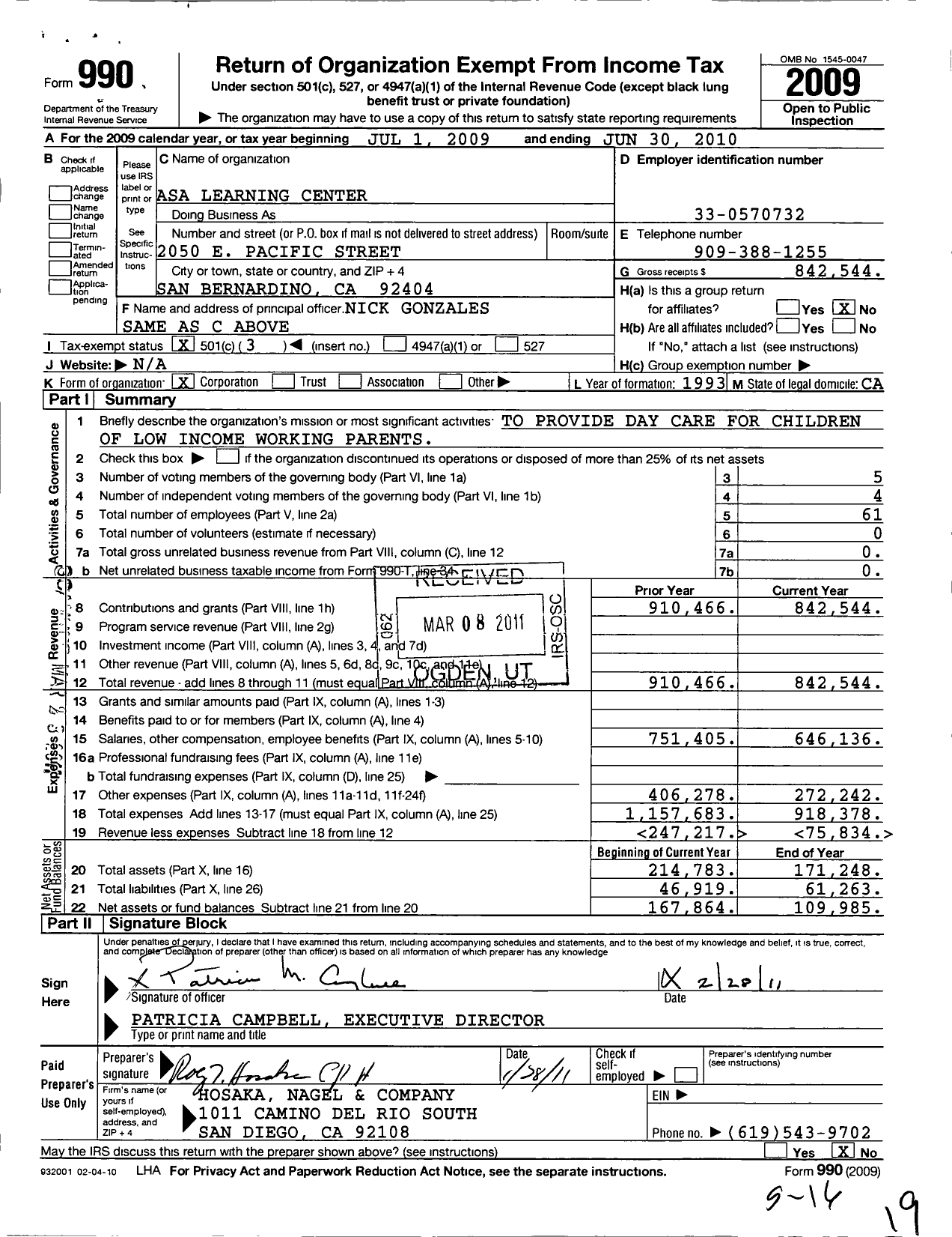 Image of first page of 2009 Form 990 for Asa Learning Center