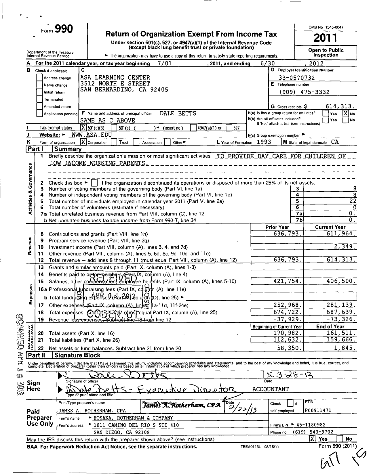 Image of first page of 2011 Form 990 for Asa Learning Center