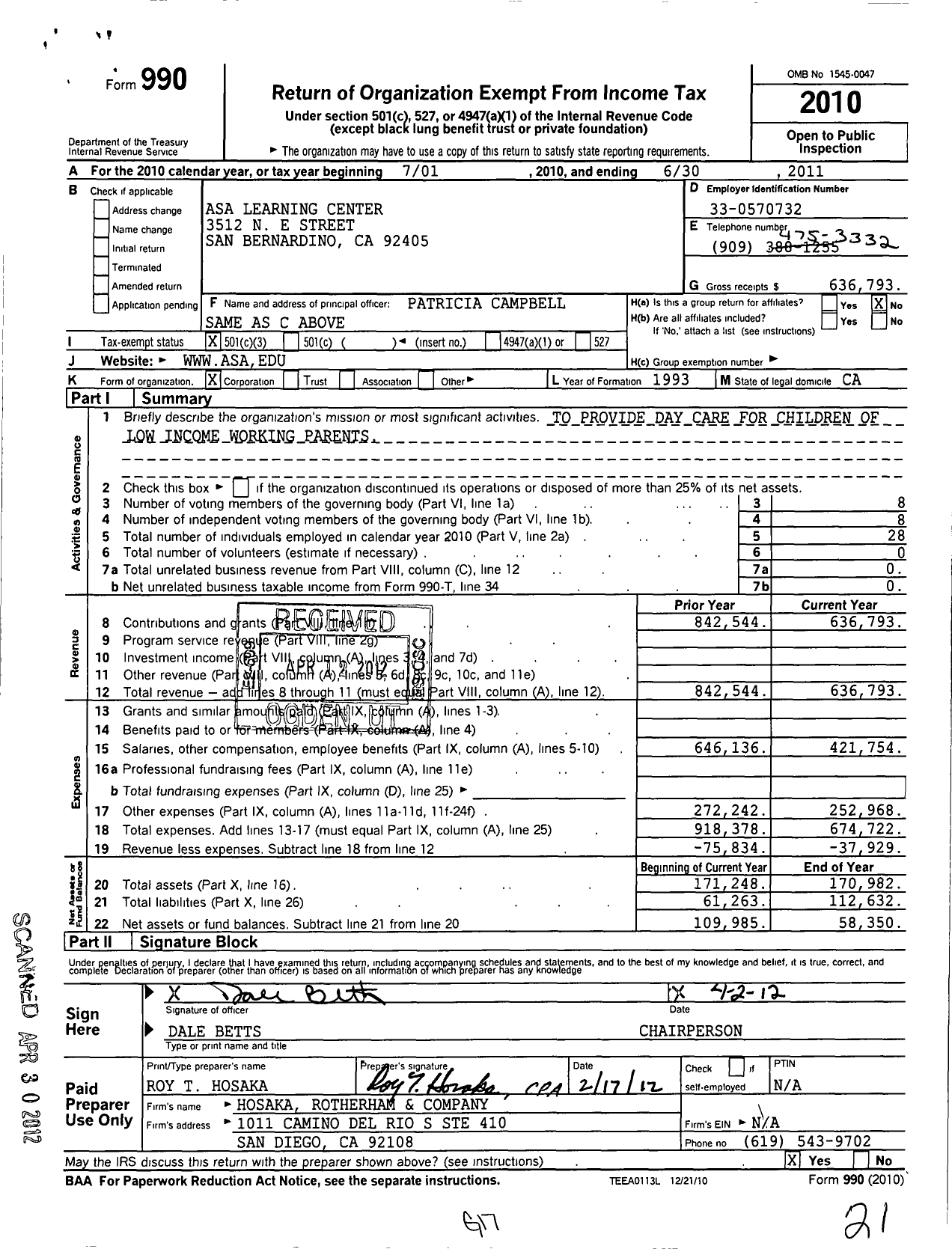 Image of first page of 2010 Form 990 for Asa Learning Center
