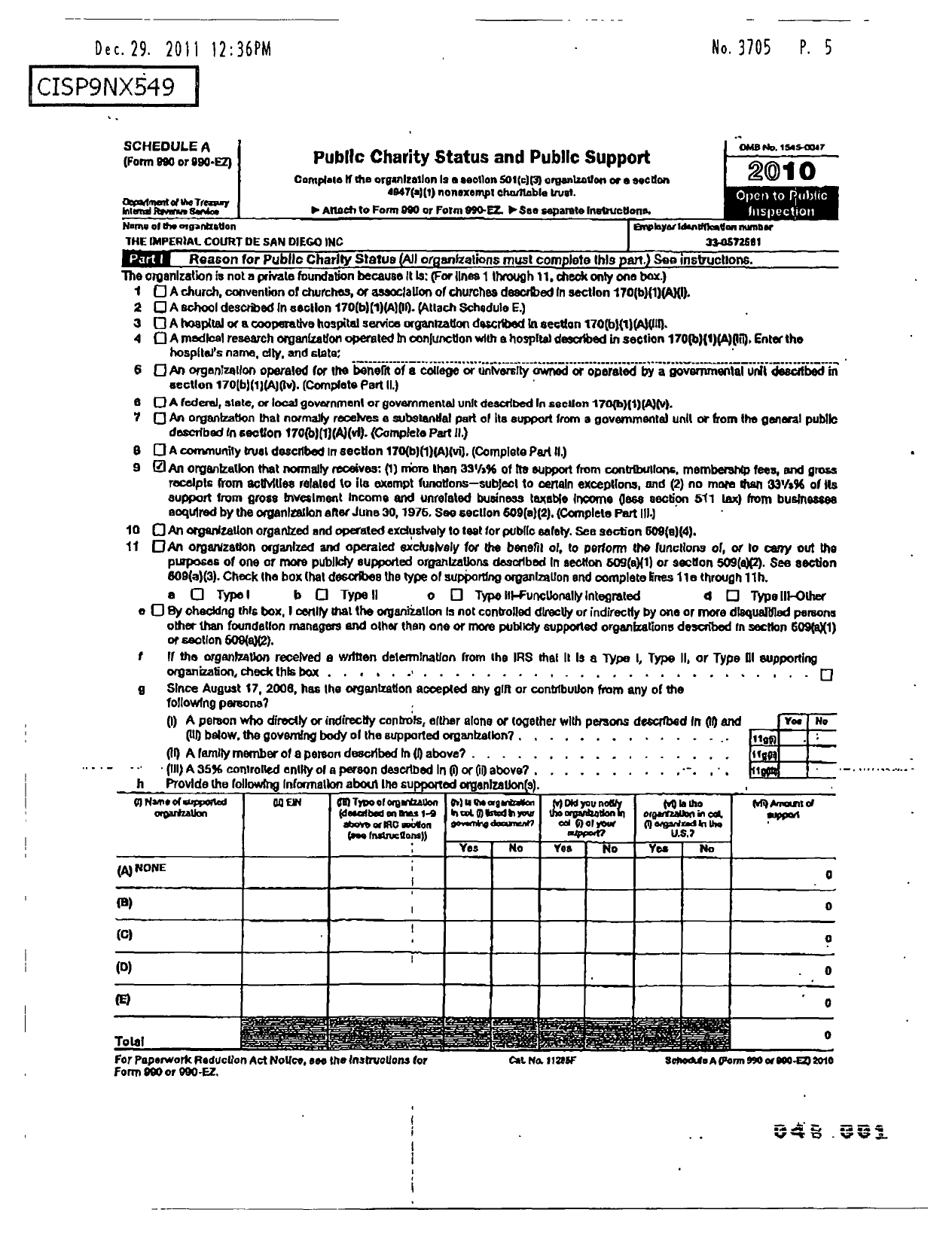 Image of first page of 2010 Form 990R for The Imperial Court de San Diego