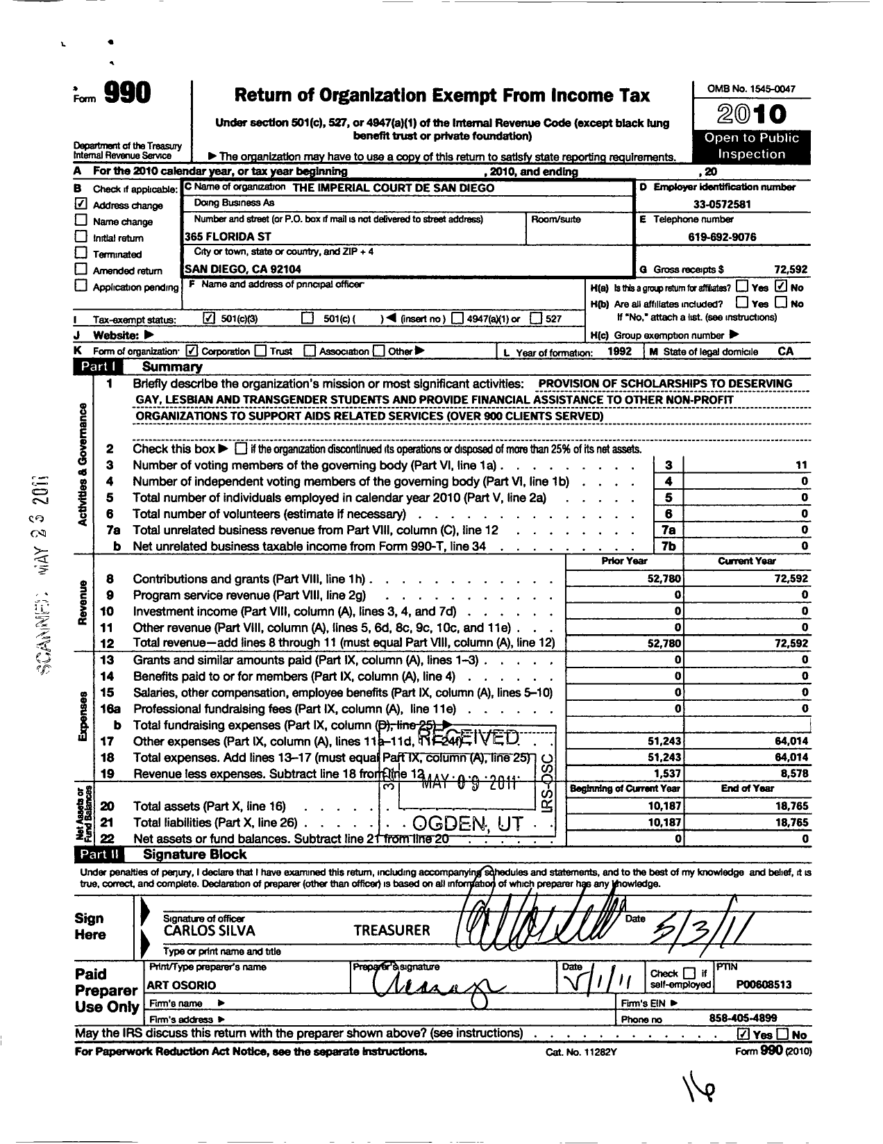 Image of first page of 2010 Form 990 for The Imperial Court de San Diego