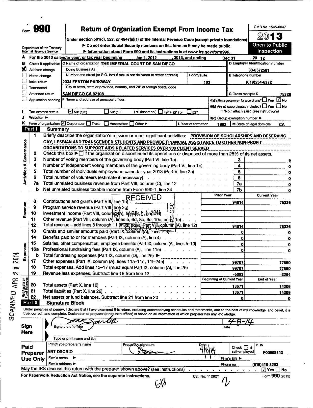 Image of first page of 2012 Form 990 for The Imperial Court de San Diego