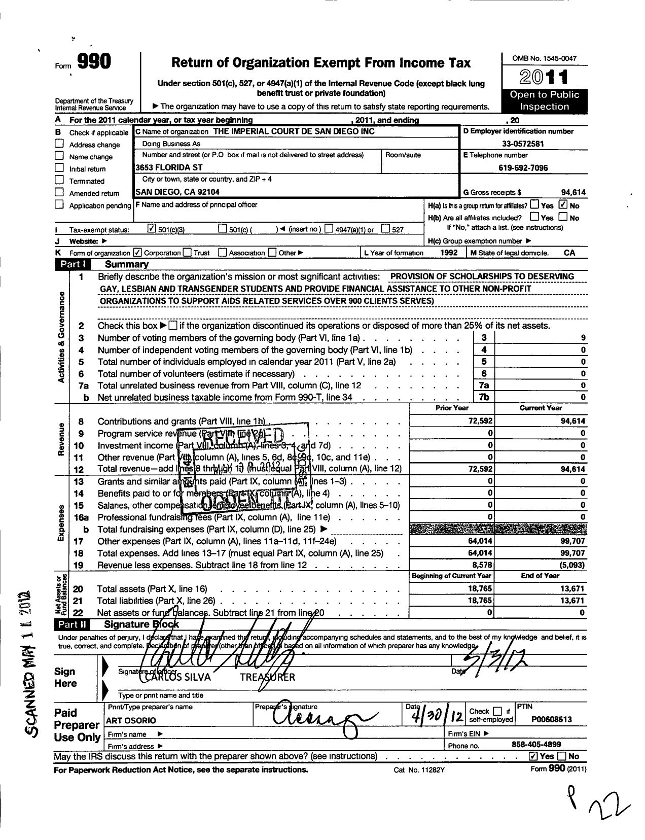 Image of first page of 2011 Form 990 for The Imperial Court de San Diego