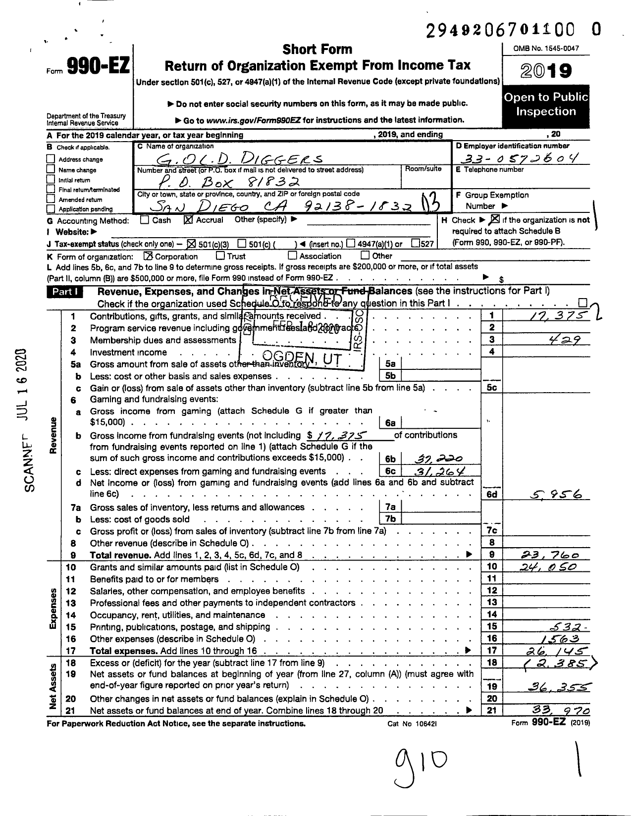 Image of first page of 2019 Form 990EZ for Gold Diggers