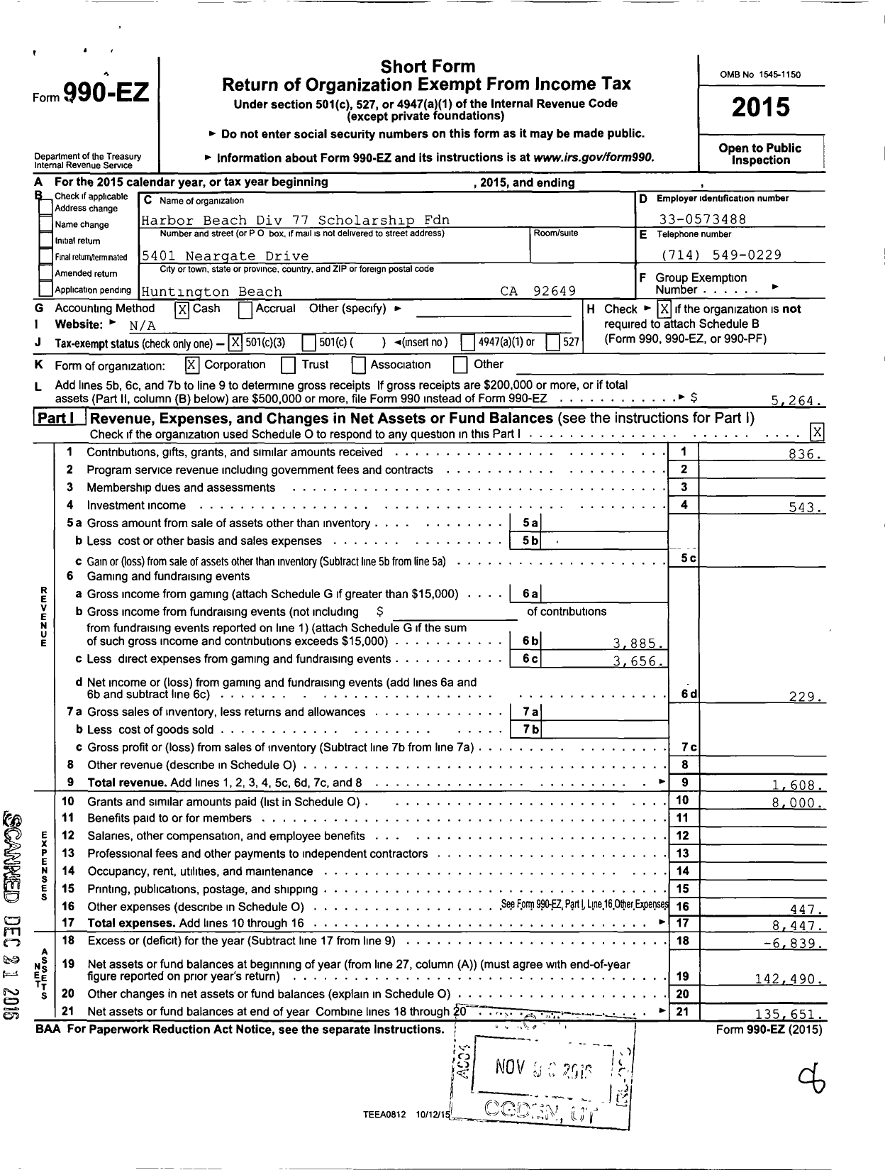 Image of first page of 2015 Form 990EZ for Harbor Beach Division 77 Scholarship Foundation Incorporate