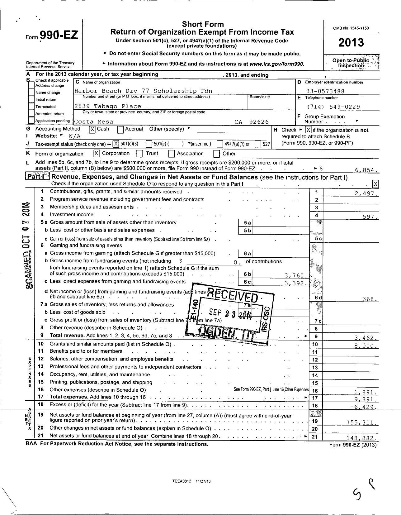 Image of first page of 2013 Form 990EZ for Harbor Beach Division 77 Scholarship Foundation Incorporate