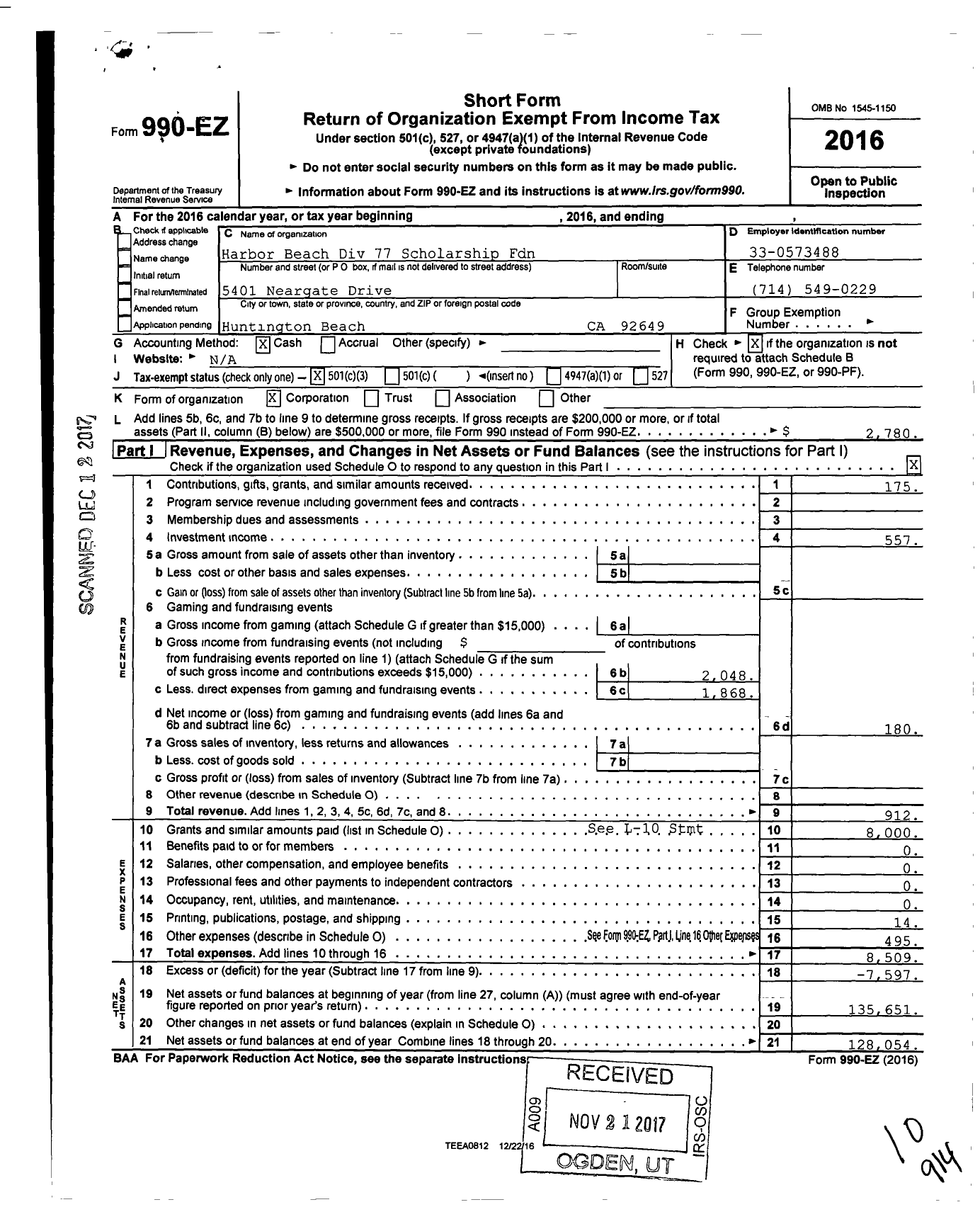 Image of first page of 2016 Form 990EZ for Harbor Beach Division 77 Scholarship Foundation Incorporate